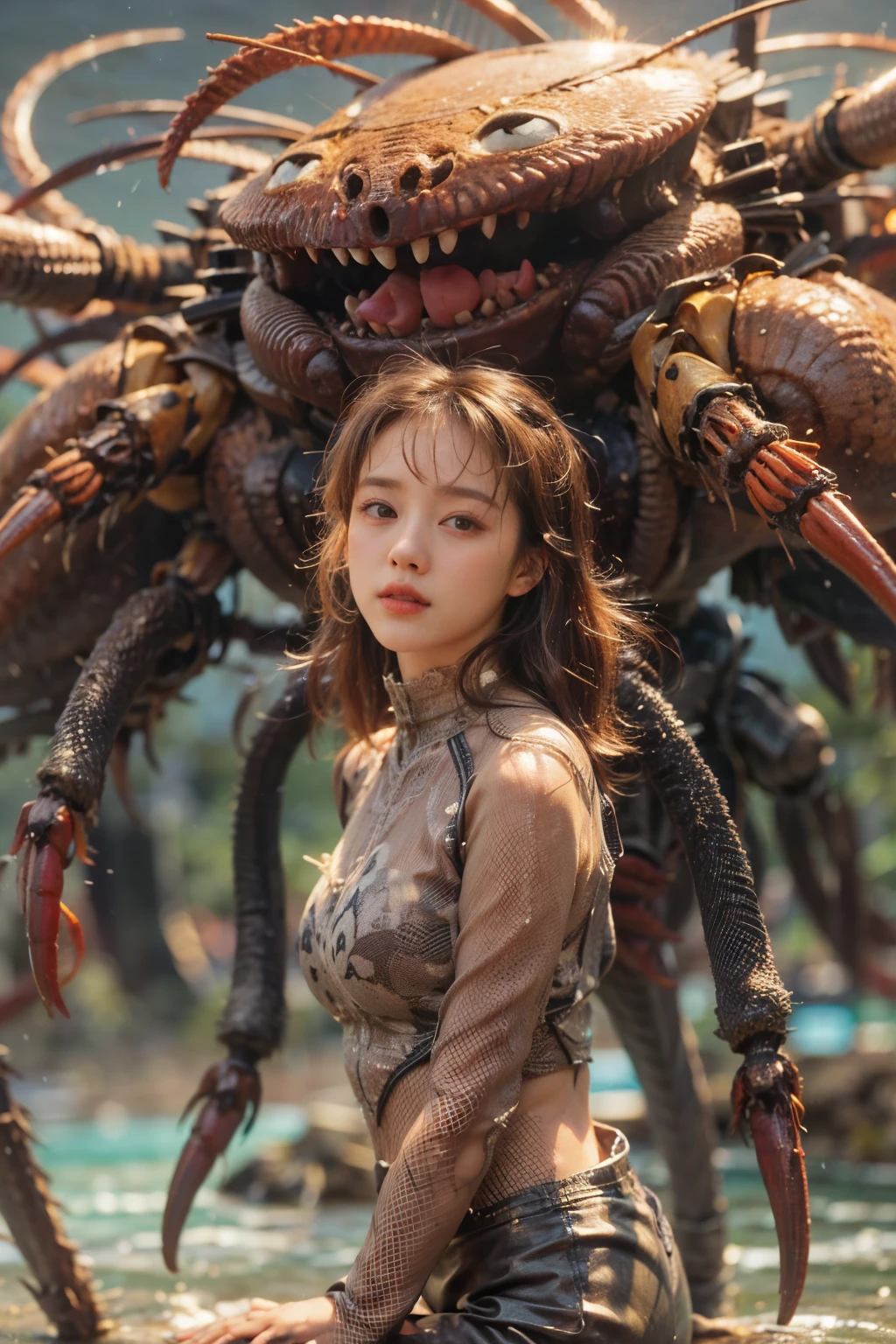masterpiece、highest quality、Ultra-Realistic Rendering、蟹のような女性のalien、Fusion with Crab、蟹型alien、alien、Extremely intricate details、Wet texture、The bottom of the sea where light shines、