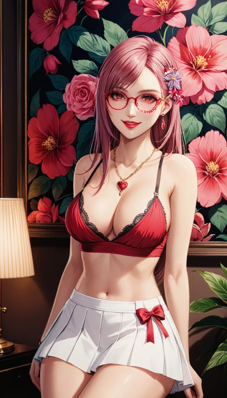 best quality,masterpiece, an extremely delicate and beautiful, CG,extremely detailed ,highres, extremely detailed,depth of field, 1girl,beautiful detailed girl,Pink hair,long_hair, beautiful detailed red eyes,(makeup:1.2),Red lips,light on face,(seductive smile:1.2),big breasts,(thigh),Belly tattoo,Pink heart glasses,Bow hair accessories,earrings,necklace,Modern casual wear,Red Camisole,White pleated skirt,indoor, Botanical Painting,(cowboy shot:1.2)