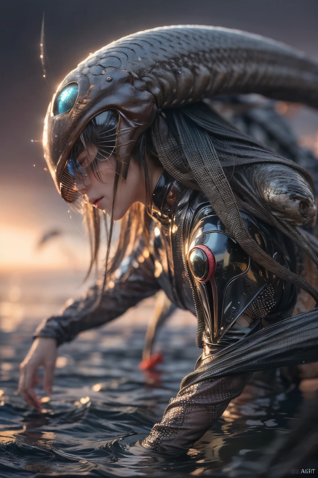 masterpiece、highest quality、Ultra-Realistic Rendering、蟹のような女性のalien、Fusion with Crab、蟹型alien、alien、Extremely intricate details、Wet texture、The bottom of the sea where light shines、