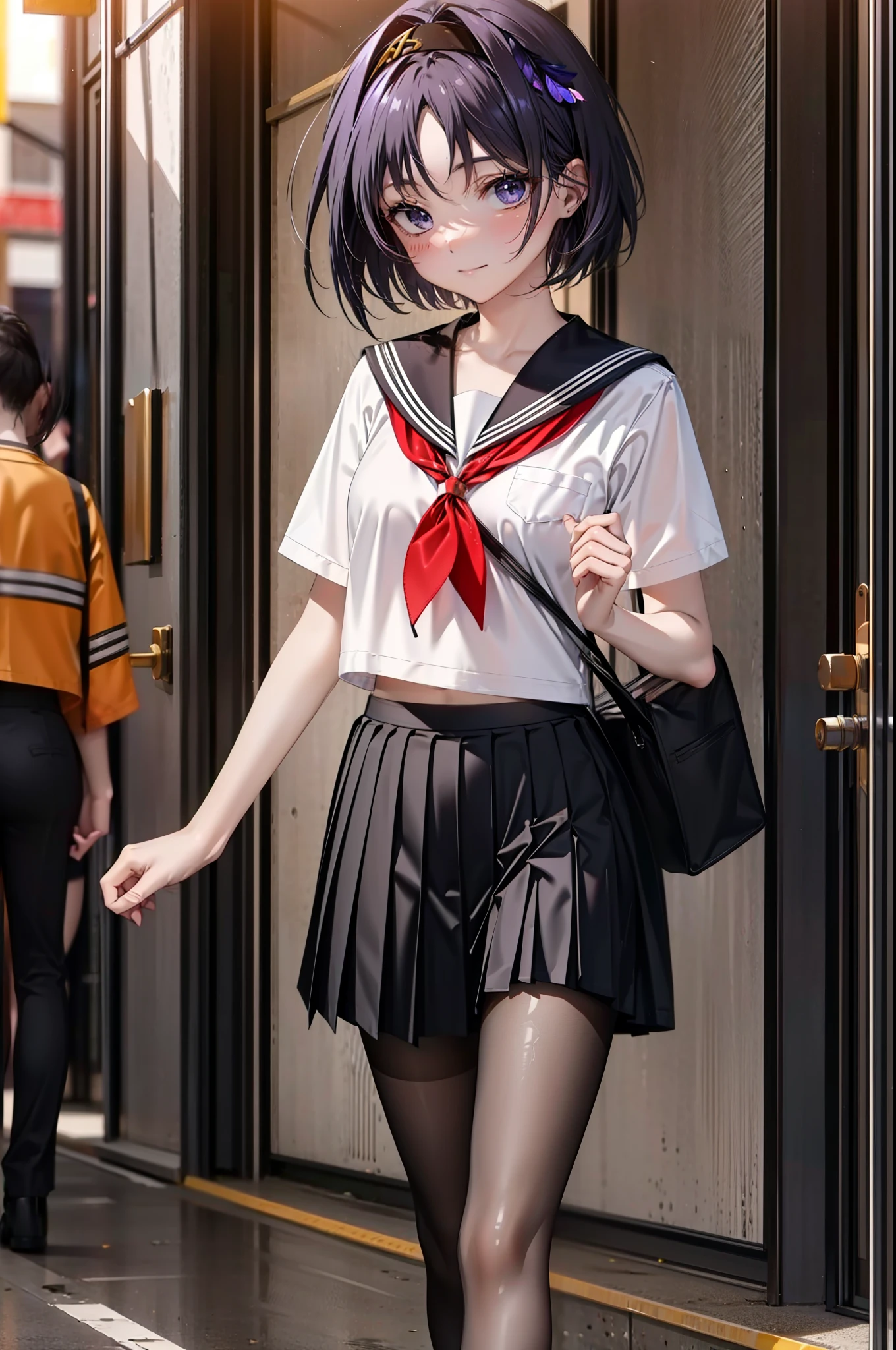 yuukikonno, Yuki Konno,Black Hair,short hair,Bob Hair ,Green headband,(iris:1.5), (Small breasts:1.2), smile,Japanese schoolgirl(Black Sailor Suit),Short sleeve,Black pleated skirt,Black pantyhose,Brown Loafers,whole bodyがイラストに入るように,walk,
break outdoors,  city,construction area,
break looking at viewer, whole body,
break (masterpiece:1.2), highest quality, High resolution, unity 8k wallpaper, (shape:0.8), (Beautiful details:1.6), Highly detailed face, Perfect lighting, Extremely detailed CG, (Perfect hands, Perfect Anatomy),