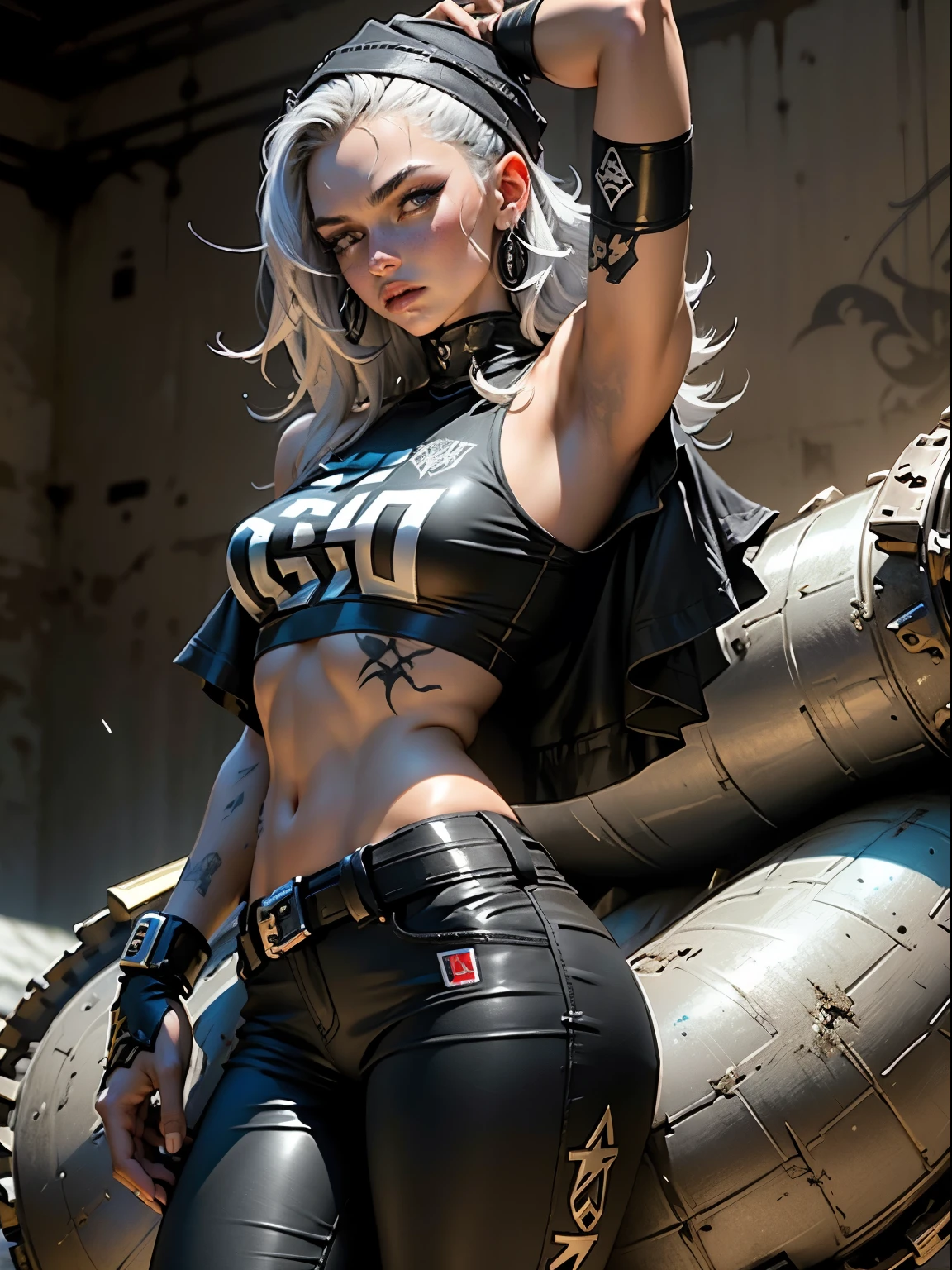 Uma sorceress mulher adulta de 27 anos com um corpo sinuoso e perfeito, sai de um telescream com metal spines nos ombros, mostrando-se como uma Gladiadora do Brooklyn. Ela porta um corte de cabelo bob loiro claro com toques brancos, and his clothes consist of a blurred rugby team t-shirt, leather mini pants, and a metallic fur treatment slice on the left arm, containing intricate graphics in a greyish-red color design with