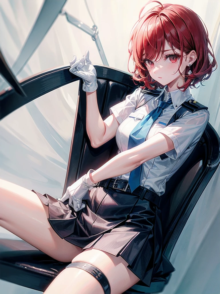 policewoman uniform, light blue short sleeved shirt, navy necktie, high waisted miniskirt, belt, white gloves, police hat, handcuffs, absurdres, RAW photo, extremely delicate and beautiful, masterpiece, Best Quality, ultra high resolution, 32k, hyperrealistic, ultra-detailed, detailed description, pale skin, 20 years old, tearful mole, earring, short medium hair, wavy hair, whole body shot, legs, Redhead, Red eyes,