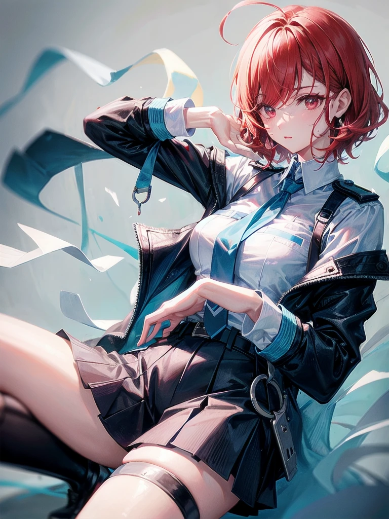 policewoman uniform, light blue short sleeved shirt, navy necktie, high waisted miniskirt, belt, white gloves, police hat, handcuffs, absurdres, RAW photo, extremely delicate and beautiful, masterpiece, Best Quality, ultra high resolution, 32k, hyperrealistic, ultra-detailed, detailed description, pale skin, 20 years old, tearful mole, earring, short medium hair, wavy hair, whole body shot, legs, Redhead, Red eyes,