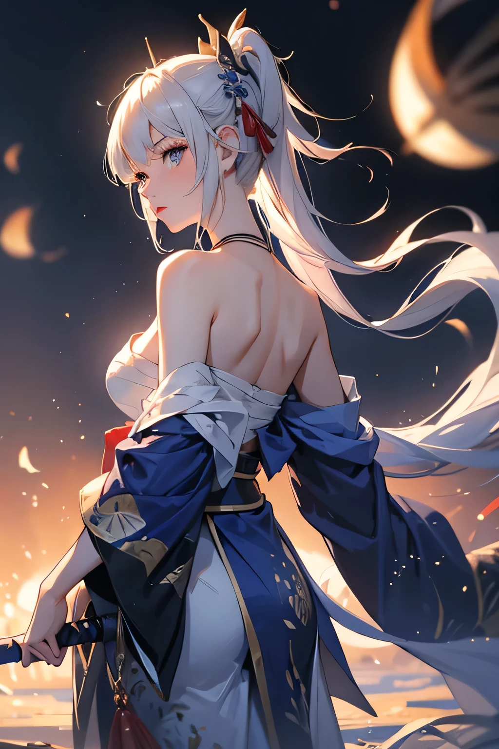 (masterpiece, best quality, dutch angle)(1girl, solo)(white hair,Lapis Lazuli Eyes,Straight long hair)(sarashi,japanese clothes,one shoulder、Wear one kimono:1.4、Black long kimono、One shoulder exposed、Butt)(Serious expression, Woman holding a sword:1.3、floating hair)(Japan Mansion、Mystical Night、Particles of light float around the woman、Fantastic atmosphere)from behind