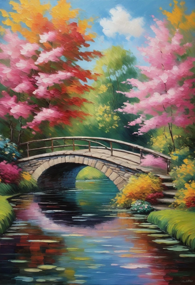 Claude Monet Style, Low stone bridge, beautiful color array, dashes of pink, touches of white, autumn powdering, smooth landscape, peaceful mood, In the styles of Claude Monet, Camille Pissarro, neo-impressionism expressionist style oil painting, smooth post-impressionist impasto acrylic painting, thick layers of colourful textured paint, visible brushstrokes and vibrant, unblended colors to convey the atmosphere and mood