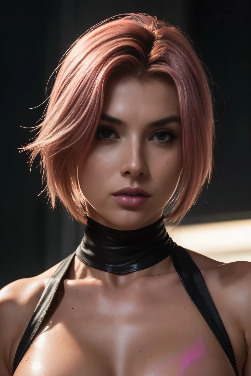 (best quality,4k,8k,highres,masterpiece:1.2), ultra-detailed, (realistic,photorealistic,photo-realistic:1.37), beautiful detailed eyes, beautiful detailed lips, extremely detailed face, long eyelashes, flawless skin, exquisite facial features, radiant complexion, captivating gaze, alluring smile, sensual lips, dark fantasy, a beautiful woman, finely crafted facial Rayne from game the BloodRayne features, intricate brush strokes, beautiful lighting, Cinematic, Color correction, stylized anatomy, ((short pink hair)), full body, evil smile and a look from under the brows, sensual atmosphere, artistic lighting , (cool colors), damp, reflections, (masterpiece) (perfect aspect ratio), (realistic photo), (best quality), (detailed) photographed on a Canon EOS R5, 50mm lens, F/2.8, HDR, (8k) (wallpaper) (cinematic lighting) (dramatic lighting) (sharp focus) (intricate), RAW photo, RAW photo, gigachad photo, posing for camera, dynamic posing, black jeans, 8k uhd, dslr, high quality, film grain, Fujifilm XT3, extremely detailed, photorealistic, realistic, incredibly absurd, highly detailed, sharp focus, (Professional Studio Lighting), (Professional Color Grading), Edge Lighting, Dramatic lighting, Cinematic lighting, Lumen reflections, Soft natural lighting, Soft color, Photon mapping, Radiosity, (Beautiful eyes), (Detailed eyes), (Detailed face), symmetrical eyes, sharp eyes, full body), (HIGH LEVEL OF DETAIL), (skinny athletic body), (sweaty),high detailed skin, uncharacterized texture, hyper detailed, realistic skin texture, armor, best quality, dynamic pose, ultra high res, (photorealistic: 1.4) high resolution, detailed, raw photo, sharp re, by lee jeffries nikon d850 film stock photography 4 kodak portra 400 camera F1.6 Lens rich colors hyper realistic texture dramatic lighting UnrealEngine trend in Artstation Cinestill 800, veins in the body, (body and fitness).