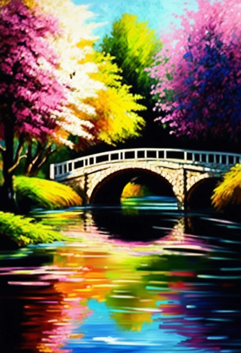 Claude Monet Style, Low stone bridge, beautiful color array, dashes of pink, touches of white, autumn powdering, smooth landscape, peaceful mood, In the styles of Claude Monet, Camille Pissarro, neo-impressionism expressionist style oil painting, smooth post-impressionist impasto acrylic painting, thick layers of colourful textured paint, visible brushstrokes and vibrant, unblended colors to convey the atmosphere and mood