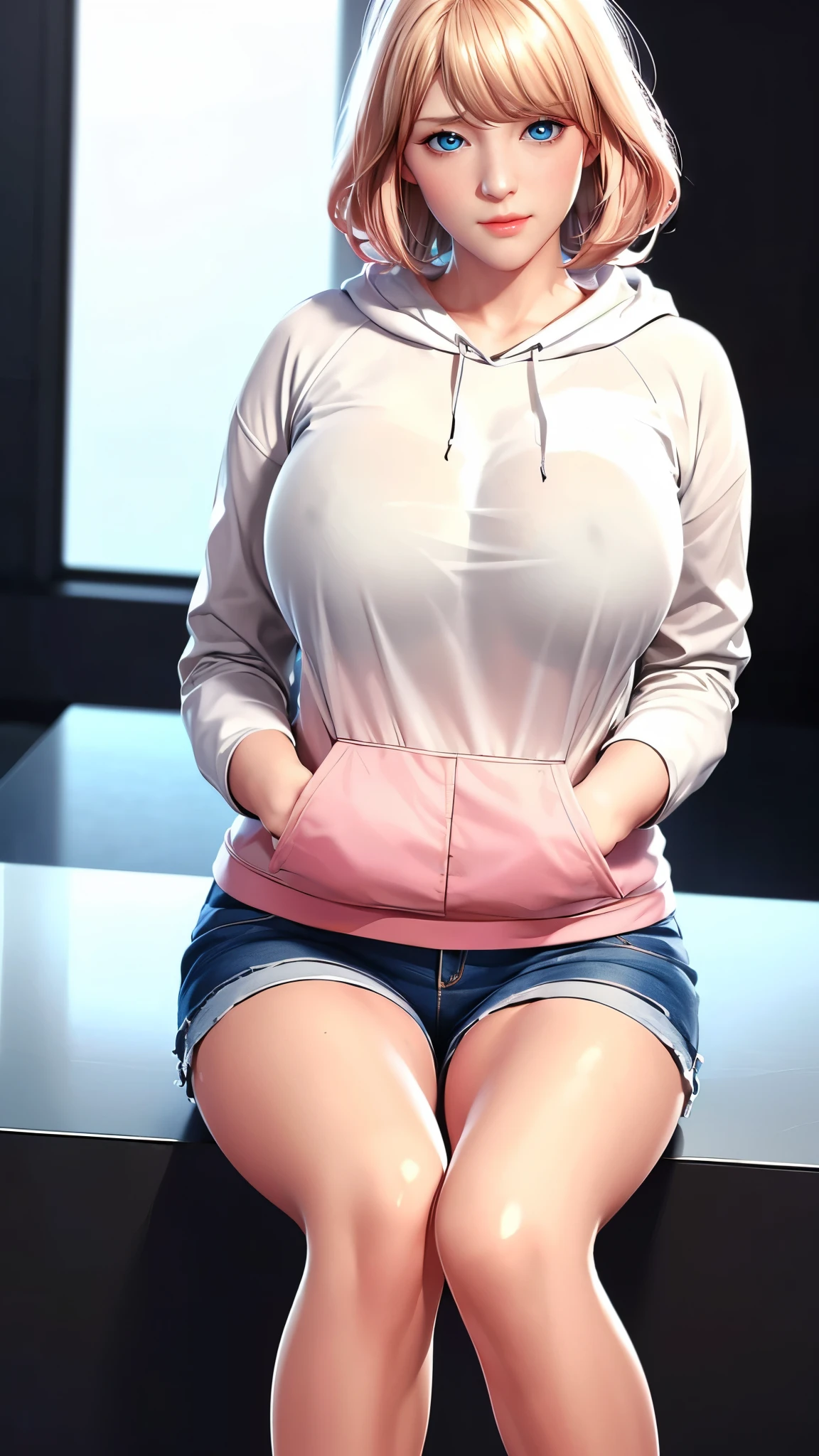 (((完美figure,figure,solo, White and tender skin,(((Cyberpunk,Pink hoodie,denim shorts ))),(((min-jijang, medium hair, blonde hair,blue eyes ,))),((masterpiece)),high resolution, ((Best quality at best)),masterpiece,quality,Best quality,((( Exquisite facial features,Looking at the audience,There is light in the eyes,(((Smile,confidence))),型figure:1.7))),(((Light and shadow,Huge breasts))),(((Looking at the camera,black background,Sitting astride,Open your legs))))