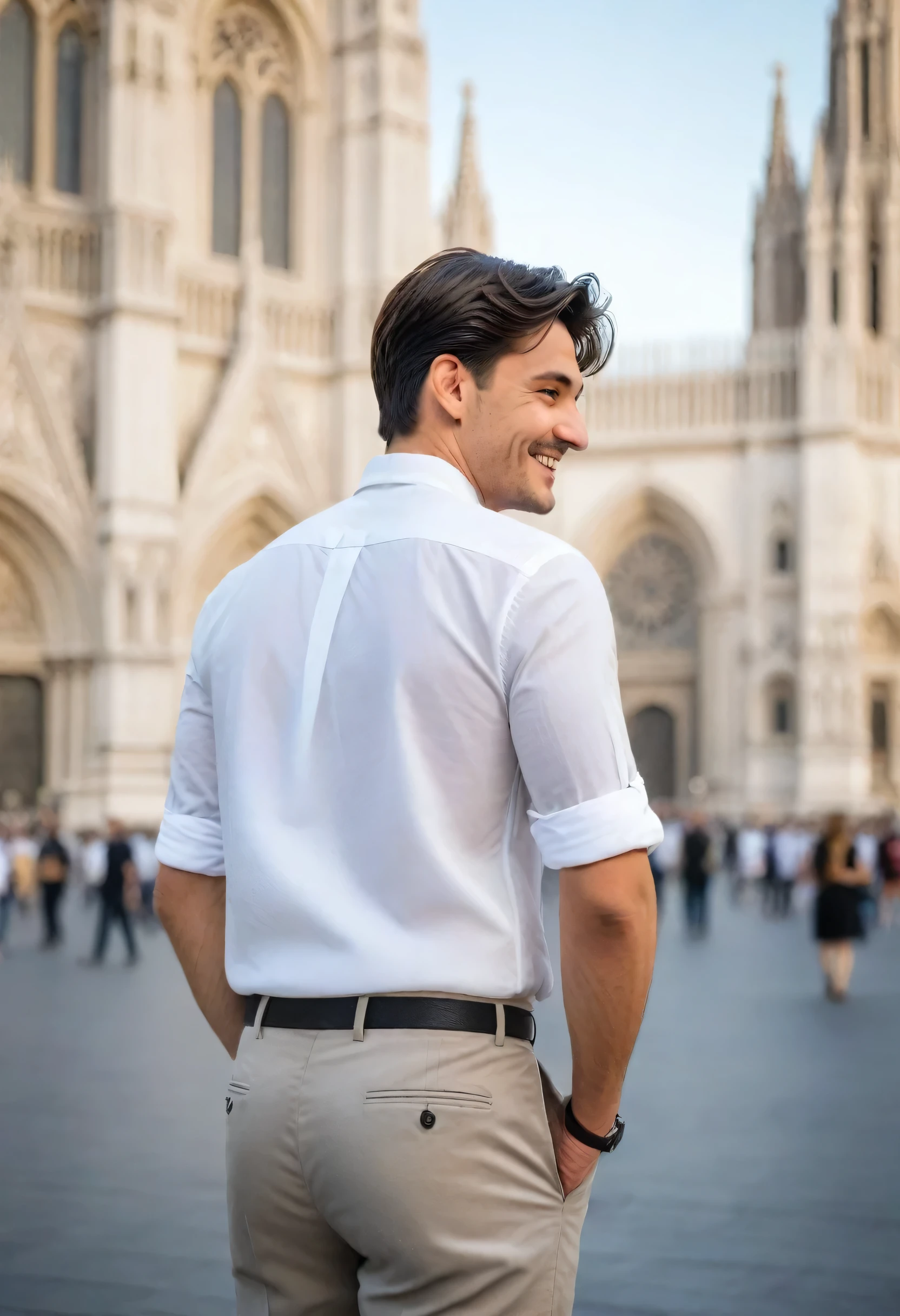 A young man is pictured in Milan, standing in front of the iconic Milan Cathedral (Duomo di Milano). He is captured from behind, looking back over his shoulder with a friendly smile. The man is wearing a crisp white shirt with the sleeves rolled up, paired with grey trousers. His dark hair is styled neatly, and he appears relaxed and confident. The background showcases the stunning Gothic architecture of the cathedral, with its intricate spires and detailed façade, under a clear blue sky. Tourists and locals can be seen in the plaza, adding to the lively atmosphere of the scene.