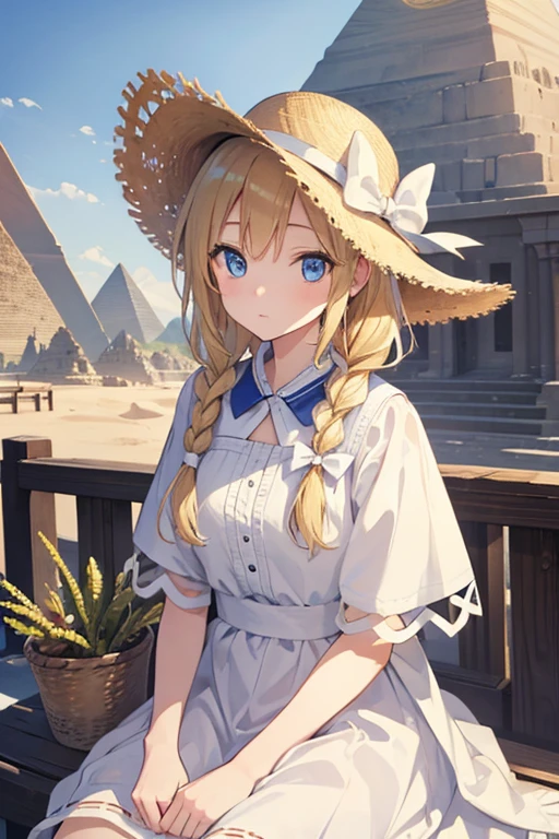 masterpiece, highest quality, High resolution, 1 7-year-old girl、blue eyes、
blonde、Braid、White Dress、Straw hat、Egypt、In front of the pyramid
