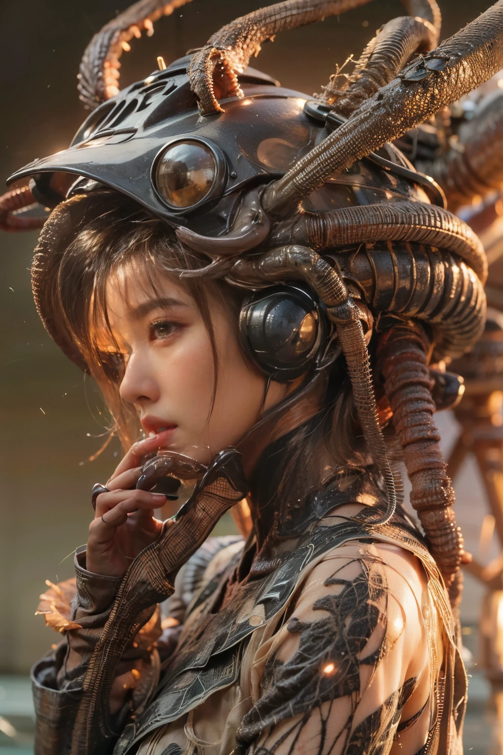 masterpiece、highest quality、Ultra-Realistic Rendering、蟹のような女性のalien、Fusion with Crab、蟹型alien、alien、Extremely intricate details、Wet texture、The bottom of the sea where light shines、
