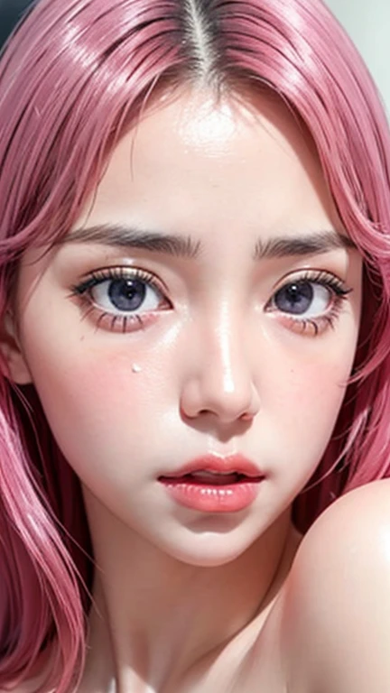 Ultra realistic, open shot, best quality, dream aesthetic (a little blurry in cinematic vibrant light), ultra-detailed, fine details, high resolution (image taken by analog camera), Perfect dynamic composition, illuminated pale skin, perfect shading, beautiful (realistic) detailed clear eyes, naked, pantyhose, pale-pink hair, long messy (silky) hair (pale pink), natural big breasts, Natural Color Lip, face with pleasure and fatigue expression, open mouth, Random and sensual poses, bedroom (background unfocused)、20 year old、dream atmosphere