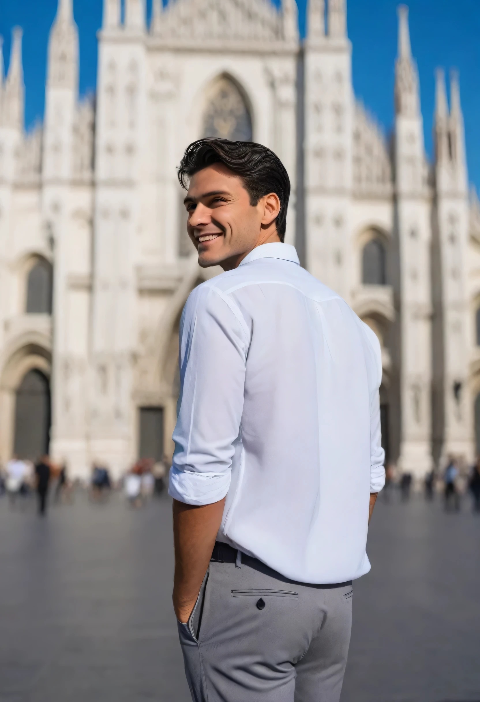 A young man is pictured in Milan, standing in front of the iconic Milan Cathedral (Duomo di Milano). He is captured from behind, looking back over his shoulder with a friendly smile. The man is wearing a crisp white shirt with the sleeves rolled up, paired with grey trousers. His dark hair is styled neatly, and he appears relaxed and confident. The background showcases the stunning Gothic architecture of the cathedral, with its intricate spires and detailed façade, under a clear blue sky. Tourists and locals can be seen in the plaza, adding to the lively atmosphere of the scene.