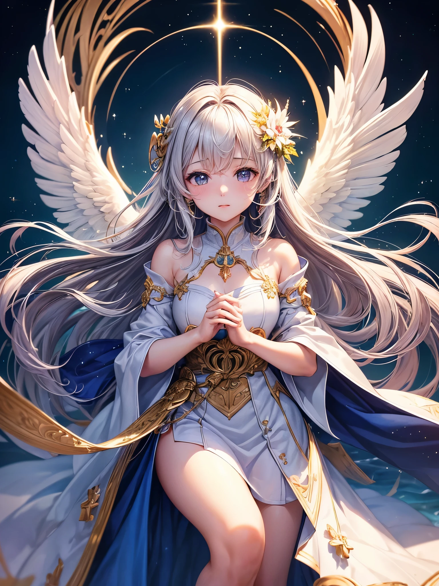 ((highest quality)),(Ultra-high resolution),(Super detailed new),(Detailed Description),((The best CG)),(A masterpiece),Ultra-detailed art,A wonderful new art form,(Art with precise detail:1.5), Sparkling, Angel Wings, Light,