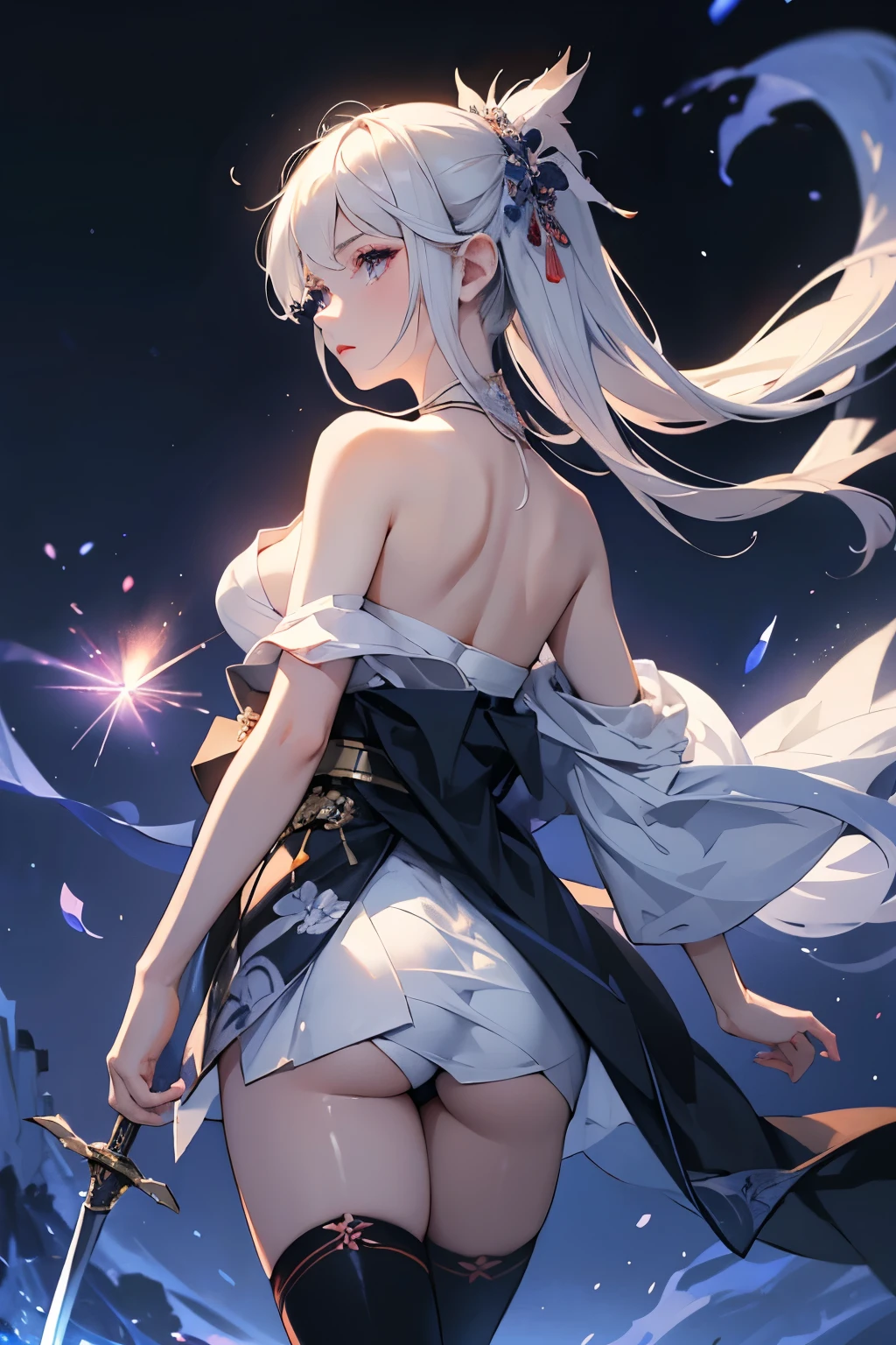(masterpiece, best quality, dutch angle)(1girl, solo)(white hair,Lapis Lazuli Eyes,Straight long hair)(sarashi,japanese clothes,one shoulder、Wear one kimono:1.4、Black long kimono、One shoulder exposed、Butt Exposure、Legs wrapped in tights、)(Serious expression, Woman holding a sword:1.3、floating hair)(Japan Mansion、Mystical Night、Particles of light float around the woman、Fantastic atmosphere)from behind