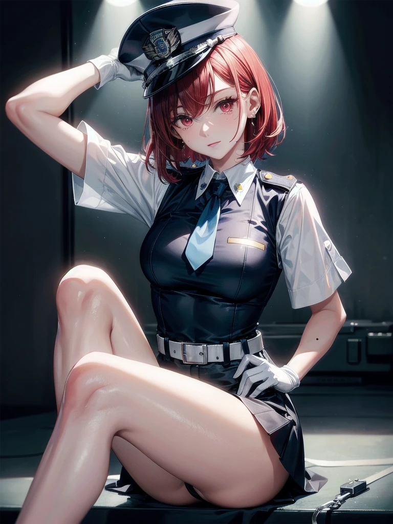 policewoman uniform, light blue short sleeved shirt, navy necktie, high waisted miniskirt, belt, white gloves, police hat, handcuffs, absurdres, RAW photo, extremely delicate and beautiful, masterpiece, Best Quality, ultra high resolution, 32k, hyperrealistic, ultra-detailed, detailed description, pale skin, 20 years old, tearful mole, earring, short medium hair, wavy hair, whole body shot, legs, Redhead, Red eyes, 