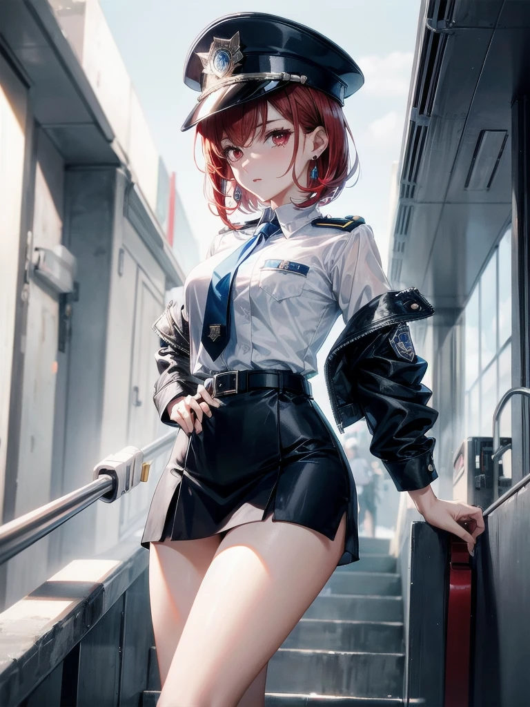 policewoman uniform, light blue short sleeved shirt, navy necktie, high waisted miniskirt, belt, white gloves, police hat, handcuffs, absurdres, RAW photo, extremely delicate and beautiful, masterpiece, Best Quality, ultra high resolution, 32k, hyperrealistic, ultra-detailed, detailed description, pale skin, 20 years old, tearful mole, earring, short medium hair, wavy hair, whole body shot, legs, Redhead, Red eyes,