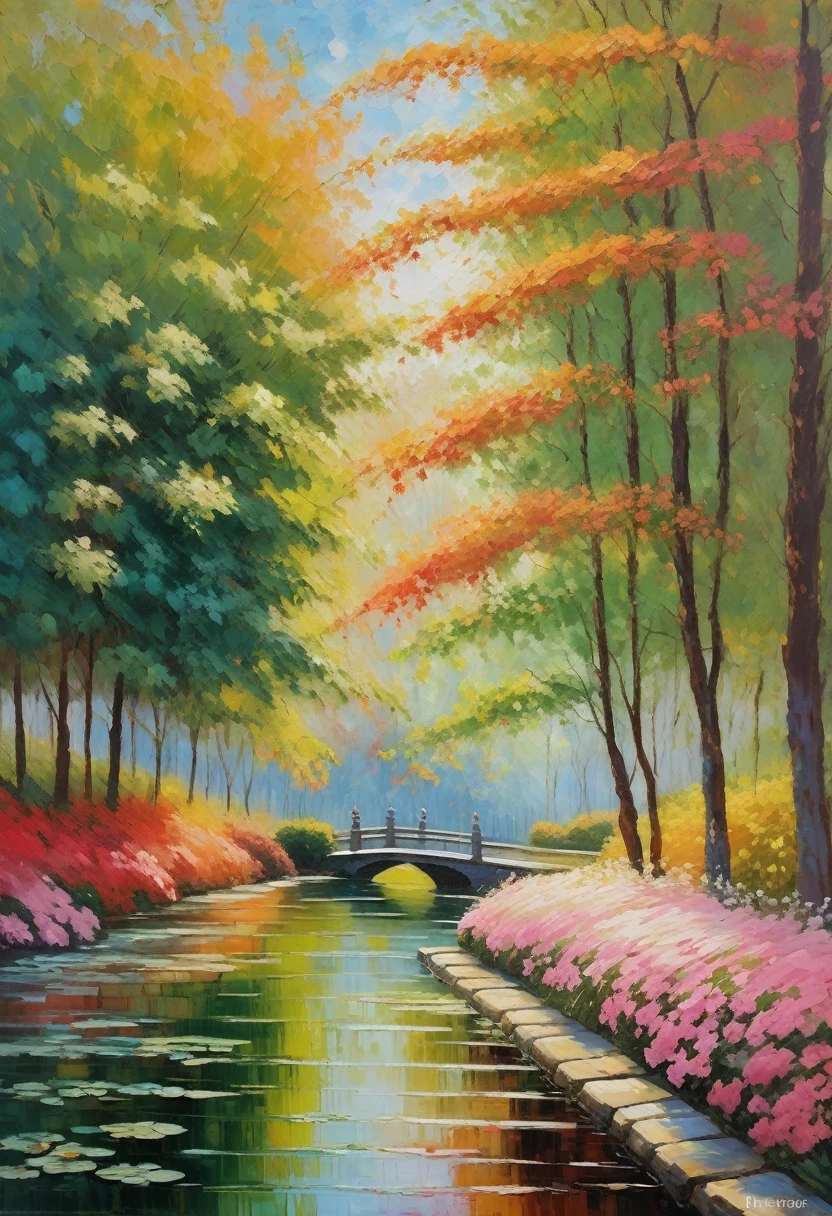 Claude Monet Style, Low stone bridge, beautiful color array, dashes of pink, touches of white, autumn powdering, smooth landscape, peaceful mood, In the styles of Claude Monet, Camille Pissarro, neo-impressionism expressionist style oil painting, smooth post-impressionist impasto acrylic painting, thick layers of colourful textured paint, visible brushstrokes and vibrant, unblended colors to convey the atmosphere and mood