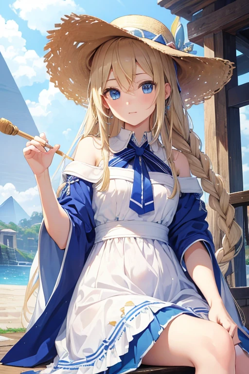 masterpiece, highest quality, High resolution, 1 、blue eyes、
blonde、Braid、White Dress、Straw hat、Egypt、In front of the pyramid