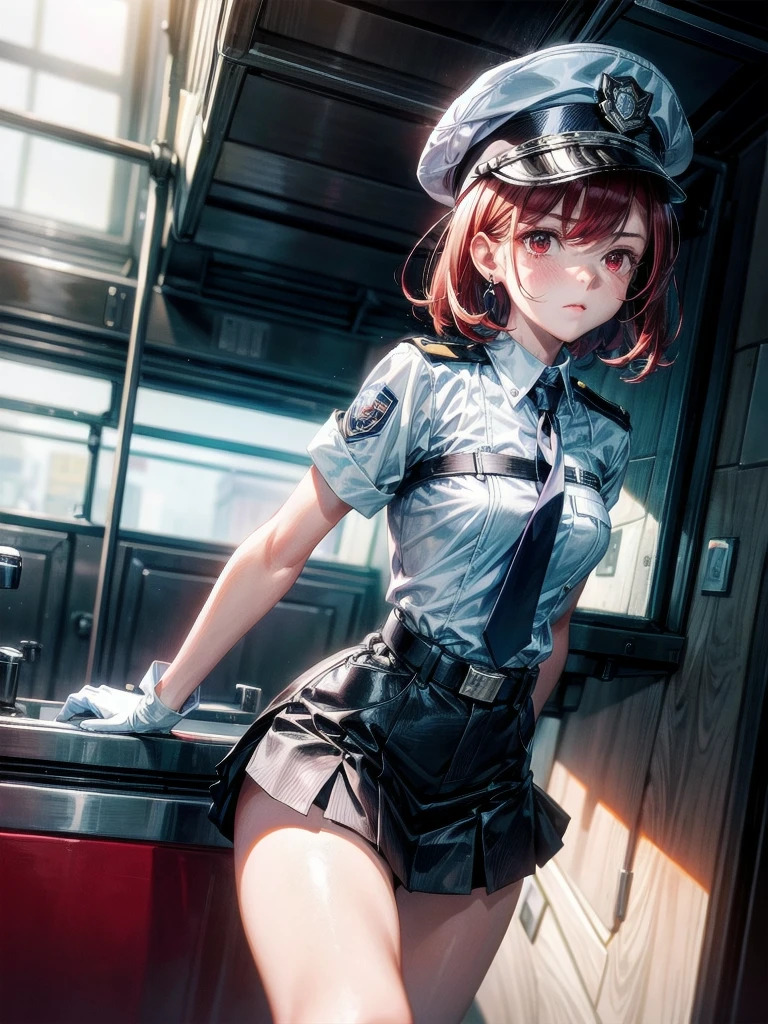 policewoman uniform, light blue short sleeved shirt, navy necktie, high waisted miniskirt, belt, white gloves, police hat, handcuffs, absurdres, RAW photo, extremely delicate and beautiful, masterpiece, Best Quality, ultra high resolution, 32k, hyperrealistic, ultra-detailed, detailed description, pale skin, 20 years old, tearful mole, earring, short medium hair, wavy hair, whole body shot, legs, Redhead, Red eyes,