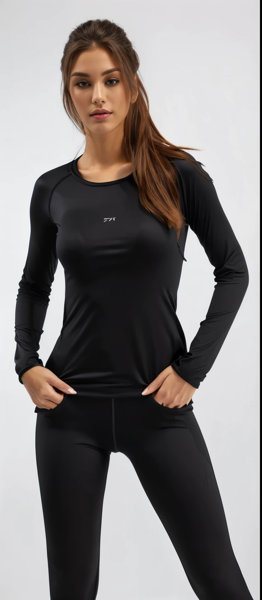 a woman in preto top and leggings posing for a picture, wearing preto tight clothing, preto shirt, preto, Manga compridas, roupas esportivas, skintight preto clothes, preto clothing, preto shirt underneath armor, preto top, preto jersey, roupas esportivas, preto undersuit, wearing preto clothes, wearing a preto shirt, Manga comprida, preto t shirt, preto clothes