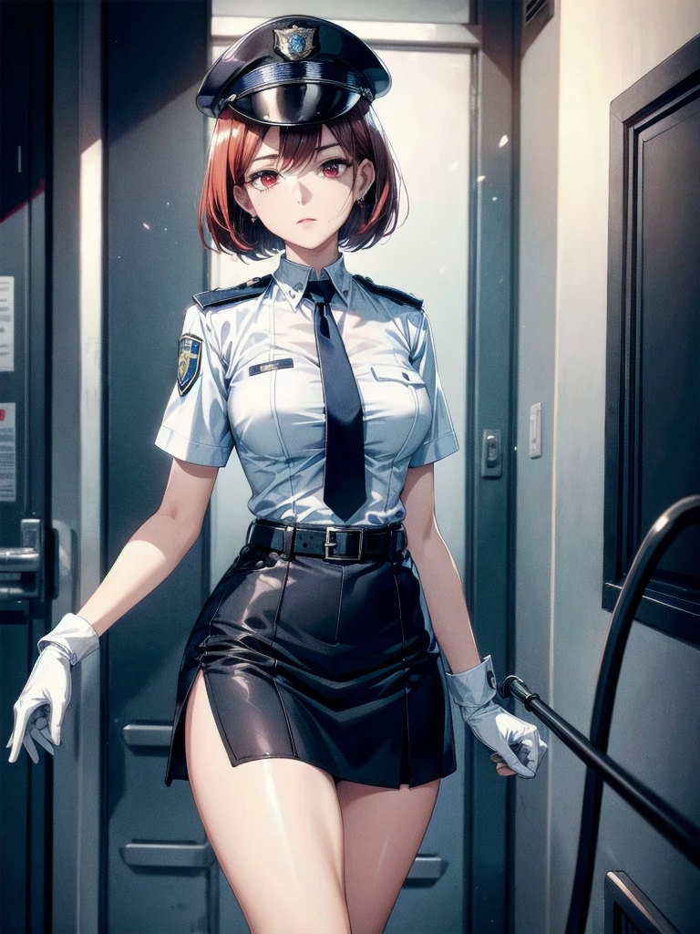policewoman uniform, light blue short sleeved shirt, navy necktie, high waisted miniskirt, belt, white gloves, police hat, handcuffs, absurdres, RAW photo, extremely delicate and beautiful, masterpiece, Best Quality, ultra high resolution, 32k, hyperrealistic, ultra-detailed, detailed description, pale skin, 20 years old, tearful mole, earring, short medium hair, wavy hair, whole body shot, legs, Redhead, Red eyes,