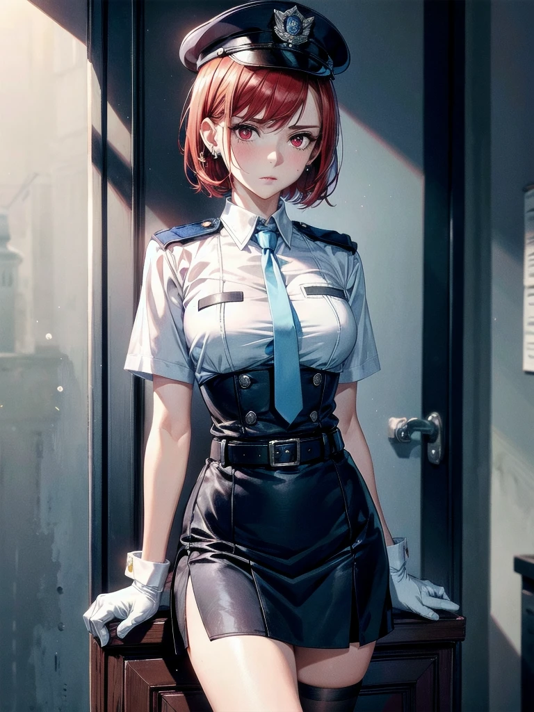 policewoman uniform, light blue short sleeved shirt, navy necktie, high waisted miniskirt, belt, white gloves, police hat, handcuffs, absurdres, RAW photo, extremely delicate and beautiful, masterpiece, Best Quality, ultra high resolution, 32k, hyperrealistic, ultra-detailed, detailed description, pale skin, 20 years old, tearful mole, earring, short medium hair, wavy hair, whole body shot, legs, Redhead, Red eyes, 