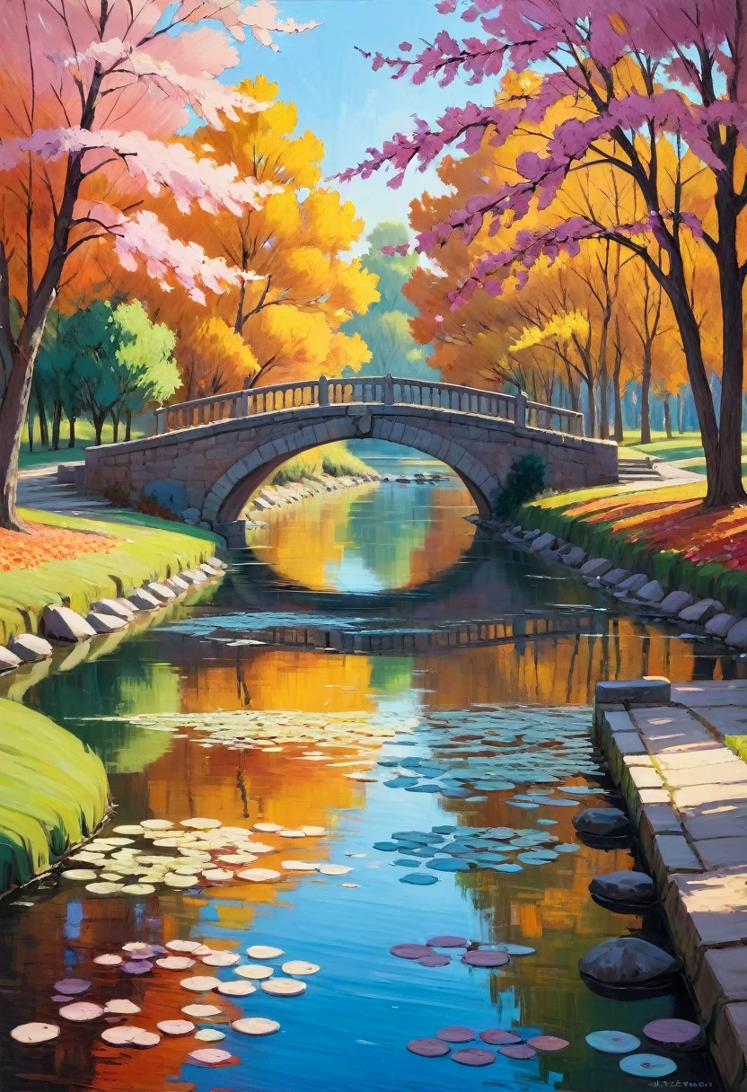 Claude Monet Style, Low stone bridge, beautiful color array, dashes of pink, touches of white, autumn powdering, smooth landscape, peaceful mood, In the styles of Claude Monet, Camille Pissarro, neo-impressionism expressionist style oil painting, smooth post-impressionist impasto acrylic painting, thick layers of colourful textured paint, visible brushstrokes and vibrant, unblended colors to convey the atmosphere and mood