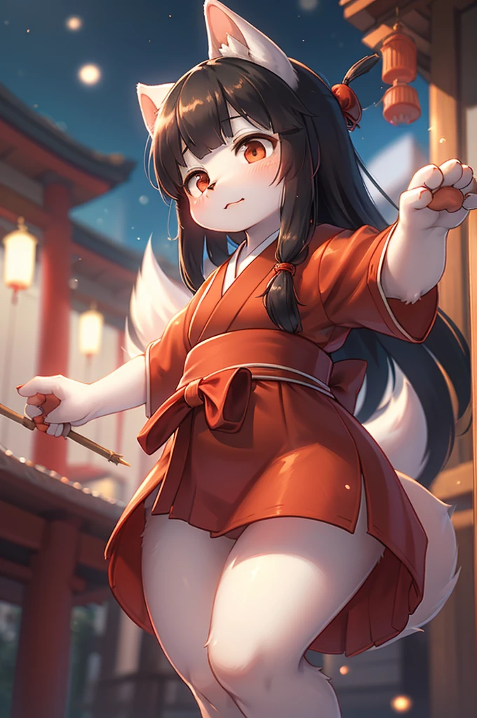Bokeh , (blur:1.5) , dynamic angle , 1 hairy inari girl , Short stature , realistic hairy fur , Straight black Long Hair , Round face, swollen cheeks,round eyes , neat hair ties , Japanese Shrine Maiden Clothing , dynamic Kagura dance action , in the Inari Shrine , A shrine for inviting gods and tools necessary for exorcism , (Fly around wisp) , midnight