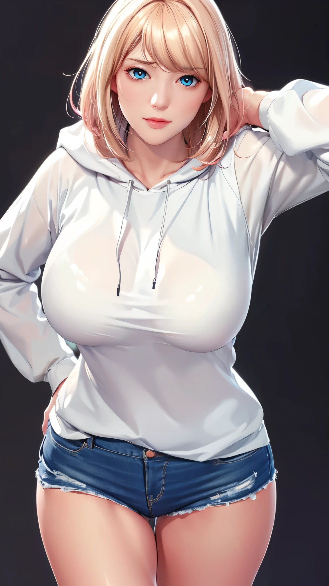 （（（完美figure，figure，solo， White and tender skin，（（（Cyberpunk，Pink hoodie,denim shorts ））），（（（min-jijang, medium hair, blonde hair,blue eyes ,））），((masterpiece)),high resolution, ((Best quality at best))，masterpiece，quality，Best quality，（（（ Exquisite facial features，Looking at the audience,There is light in the eyes，(（（Smile，confidence））），型figure:1.7））），（（（Light and shadow，Huge breasts））），（（（Looking at the camera，black background，)）））