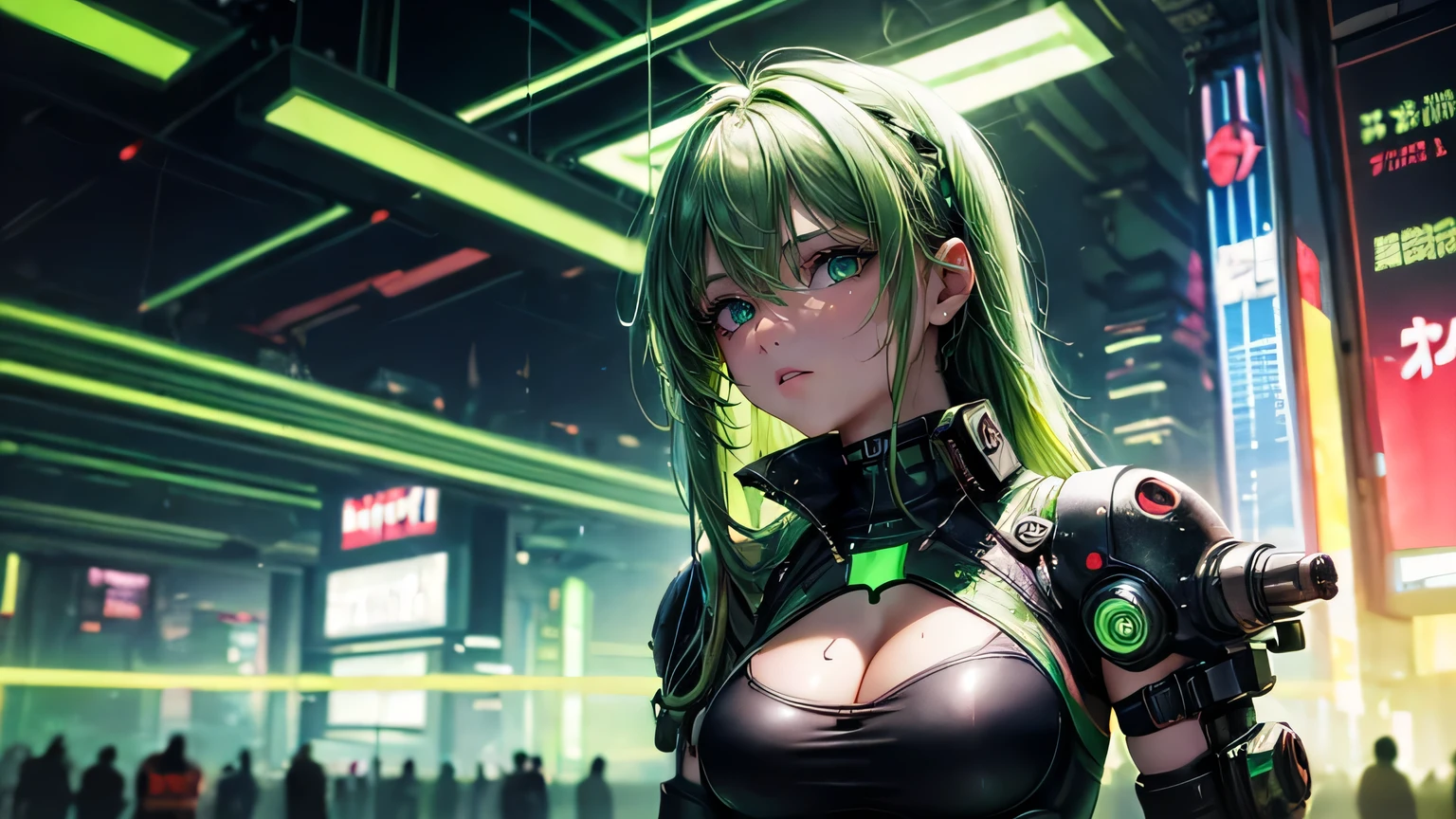 ((masterpiece, highest quality, Ultra Clear, High resolution)), alone, beautiful girl, Shining Eyes, Perfect Eyes, 30 years old, Green Theme, cyberpunk,Light green hair,Green neon light,Cyberpunk Landscape,Cyberpunk Gadgets,Large Breasts,Big Ass,