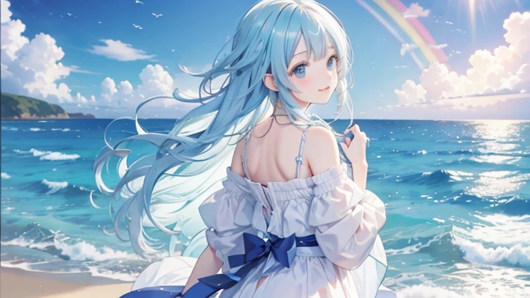 Background is ocean and rainbow、The music score beautifully traces the rainbow。A musical score is displayed in the background.。The girl is smiling