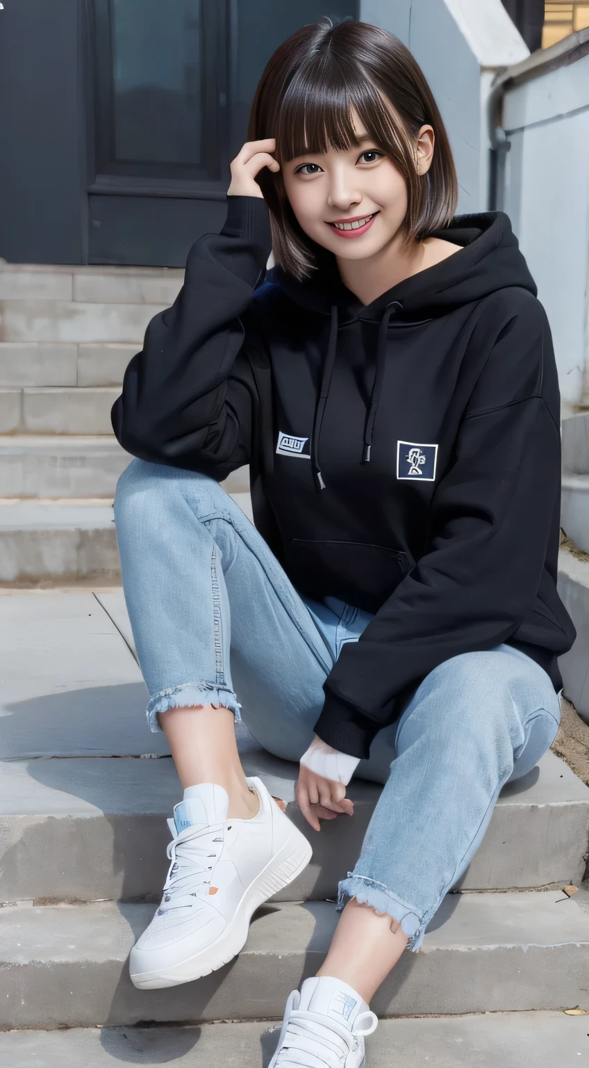 highest quality, Realistic, Very detailed, Finer details, High resolution, 8k wallpaper, One beautiful woman,Sit on the stairs、(Wear black socks)smile、(Beautiful teeth alignment、)(Gums are visible) Oversized hoodie, Skinny jeans,( Black sneakers)、Black Hair、 Beautiful Bangs、ear piercing、Perfect dynamic composition, Beautiful and detailed, Full Body Shot, A big smile