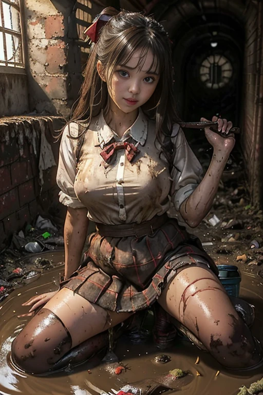 waistband of skirt is at the point above chest , school girl big , red knot , red bow , skirt dark red , plaid skirt , pleated skirt , dirty white Shirt , realisitic、top-quality、crisp photos、((Brick underground tunnel、Foul-smelling sewer、Littered with filth、Sewage channels full of feces、a lot of garbagd junk、The dirtiest sewer))、Bricks are covered with moss、((beautiful a girl、Constricted waist、Neat face、Most beautiful face、Elaborate face、dense dirty brown hair、Refreshing look、Pleasant look、Happy expression、Joy covered in filth、Glad to get dirty))、(dirty school girl uniform、Tangier、brawn hair)、Lying face down on filth、Girl with beautiful ass、Scoop filth with both hands、Beautiful girl's hair is covered in mud、The joy of lying in dirty sewage))、(((I want to smear filth all over my body.、A large amount of sewage flows down the head、The whole body is full of filth、Stick out your buttocks and r legs、a large amount of dirty garbage and waste,,、H of garbage))