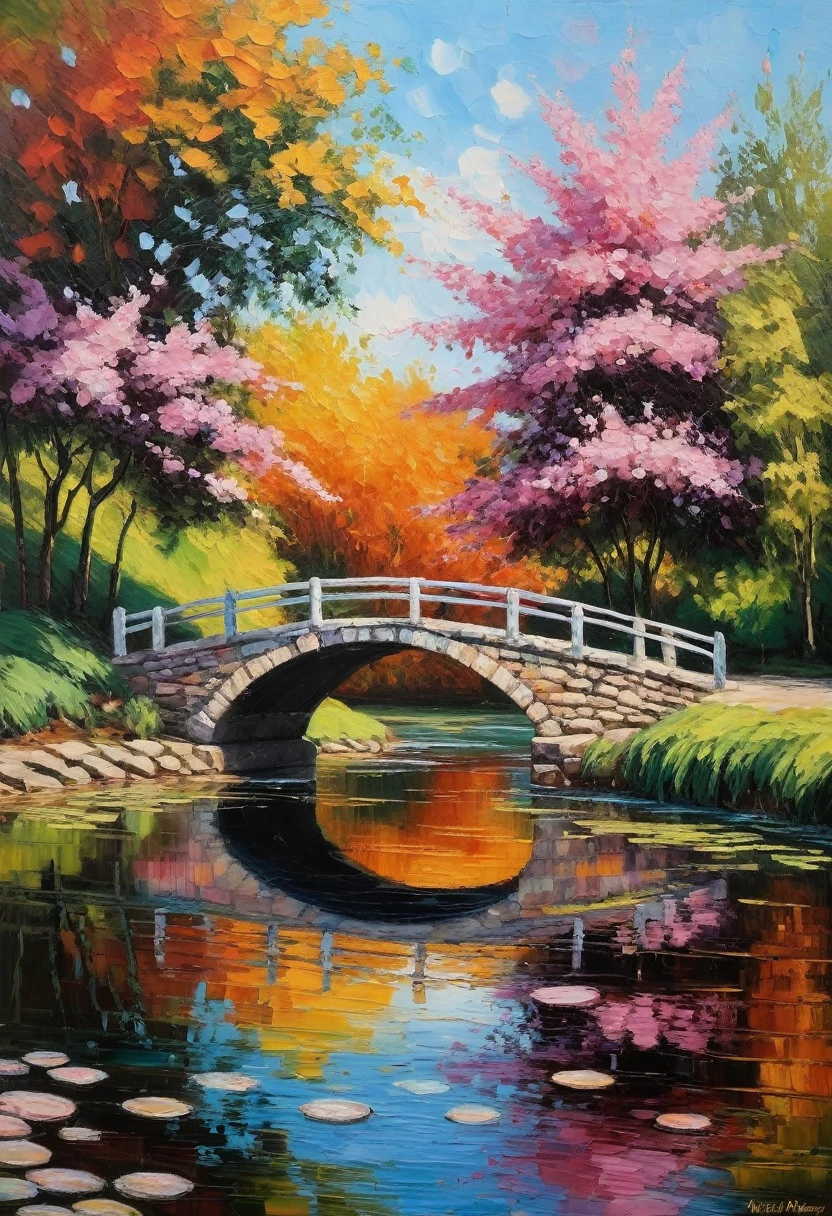 Claude Monet Style, Low stone bridge, beautiful color array, dashes of pink, touches of white, autumn powdering, smooth landscape, peaceful mood, In the styles of Claude Monet, Camille Pissarro, neo-impressionism expressionist style oil painting, smooth post-impressionist impasto acrylic painting, thick layers of colourful textured paint, visible brushstrokes and vibrant, unblended colors to convey the atmosphere and mood