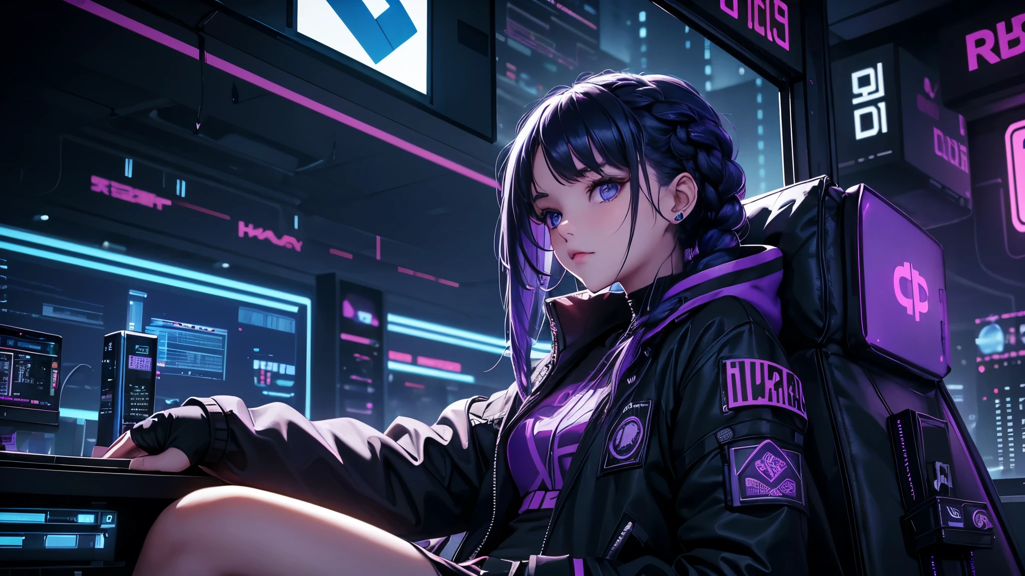 Very young girl, black mask, White skin, The code on, Hacker style, curve,sit on it、View from the side、deep purple, dark, braids, dark blue hair, cable, vintage, cyberpunk, Data center background, deep purple theme, night city