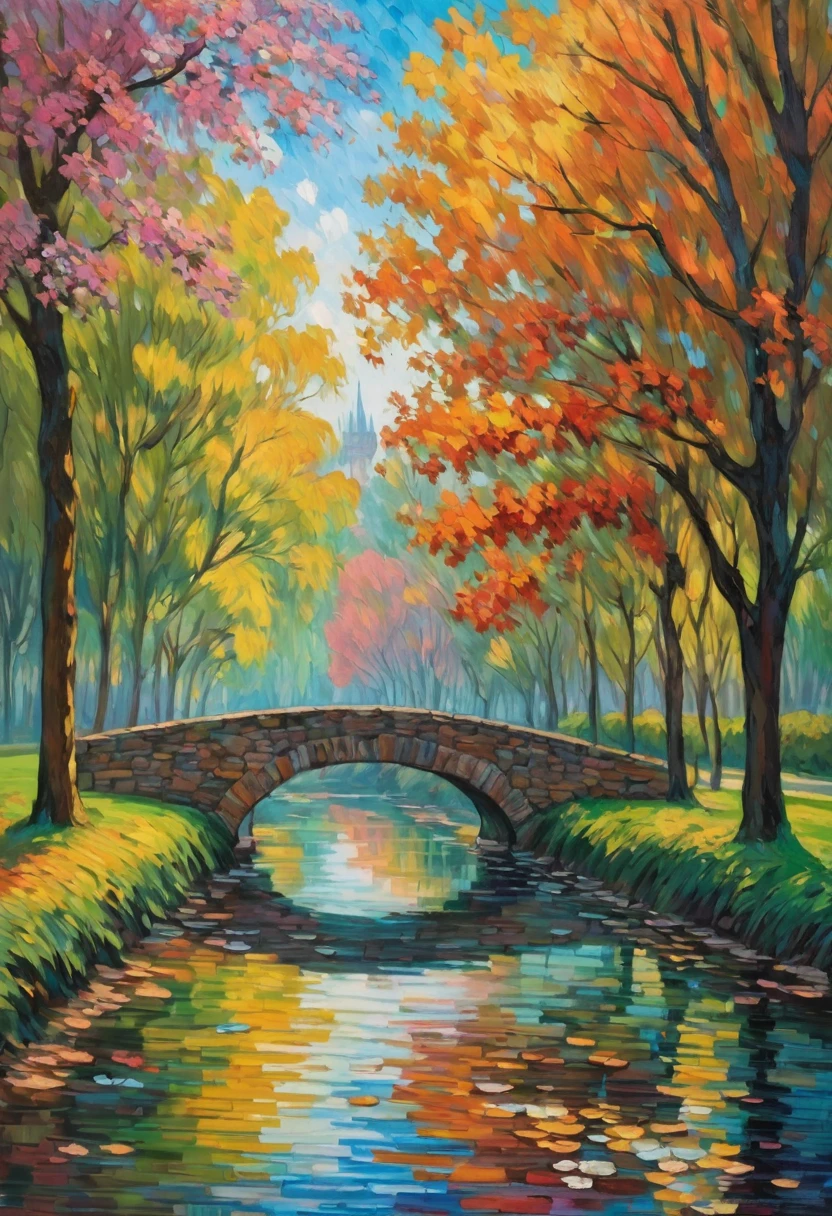 Claude Monet Style, Low stone bridge, beautiful color array, dashes of pink, touches of white, autumn powdering, smooth landscape, peaceful mood, In the styles of Claude Monet, Camille Pissarro, neo-impressionism expressionist style oil painting, smooth post-impressionist impasto acrylic painting, thick layers of colourful textured paint, visible brushstrokes and vibrant, unblended colors to convey the atmosphere and mood
