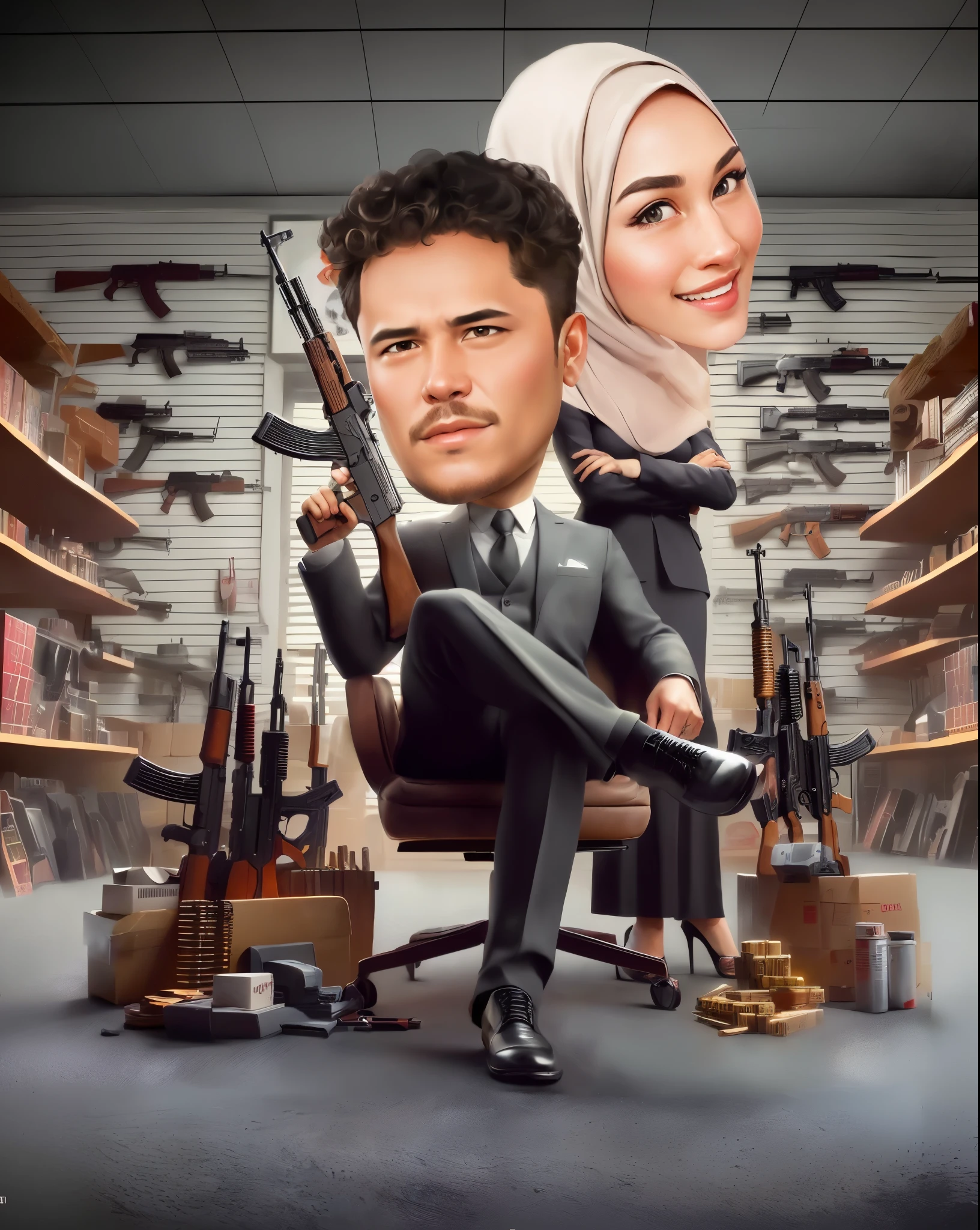 cartoon of A man with curly hair,and woman Wearing the hijab sitting in a chair with guns, by Abidin Dino, caricature illustration, in cartoon style, official illustration, inspired by Rudy Siswanto, realistic cartoon, by Eddie Mendoza, official fanart, caricature style, official poster, cartoon style illustration, armed and dangerous, by Daryush Shokof, movie artwork, caricature, armed