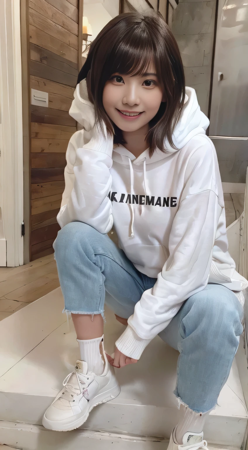 highest quality, Realistic, Very detailed, Finer details, High resolution, 8k wallpaper, One beautiful woman,Sit on the stairs、（Wear black socks）smile、（Beautiful teeth alignment、）（Gums are visible） Oversized hoodie, Skinny jeans,（ Black sneakers）、Black Hair、 Beautiful Bangs、ear piercing、Perfect dynamic composition, Beautiful and detailed, Full Body Shot, A big smile
