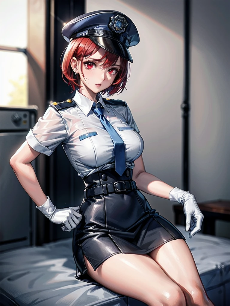 policewoman uniform, light blue short sleeved shirt, navy necktie, high waisted miniskirt, belt, white gloves, police hat, handcuffs, absurdres, RAW photo, extremely delicate and beautiful, masterpiece, Best Quality, ultra high resolution, 32k, hyperrealistic, ultra-detailed, detailed description, pale skin, 20 years old, tearful mole, earring, short medium hair, wavy hair, whole body shot, legs, Redhead, Red eyes,