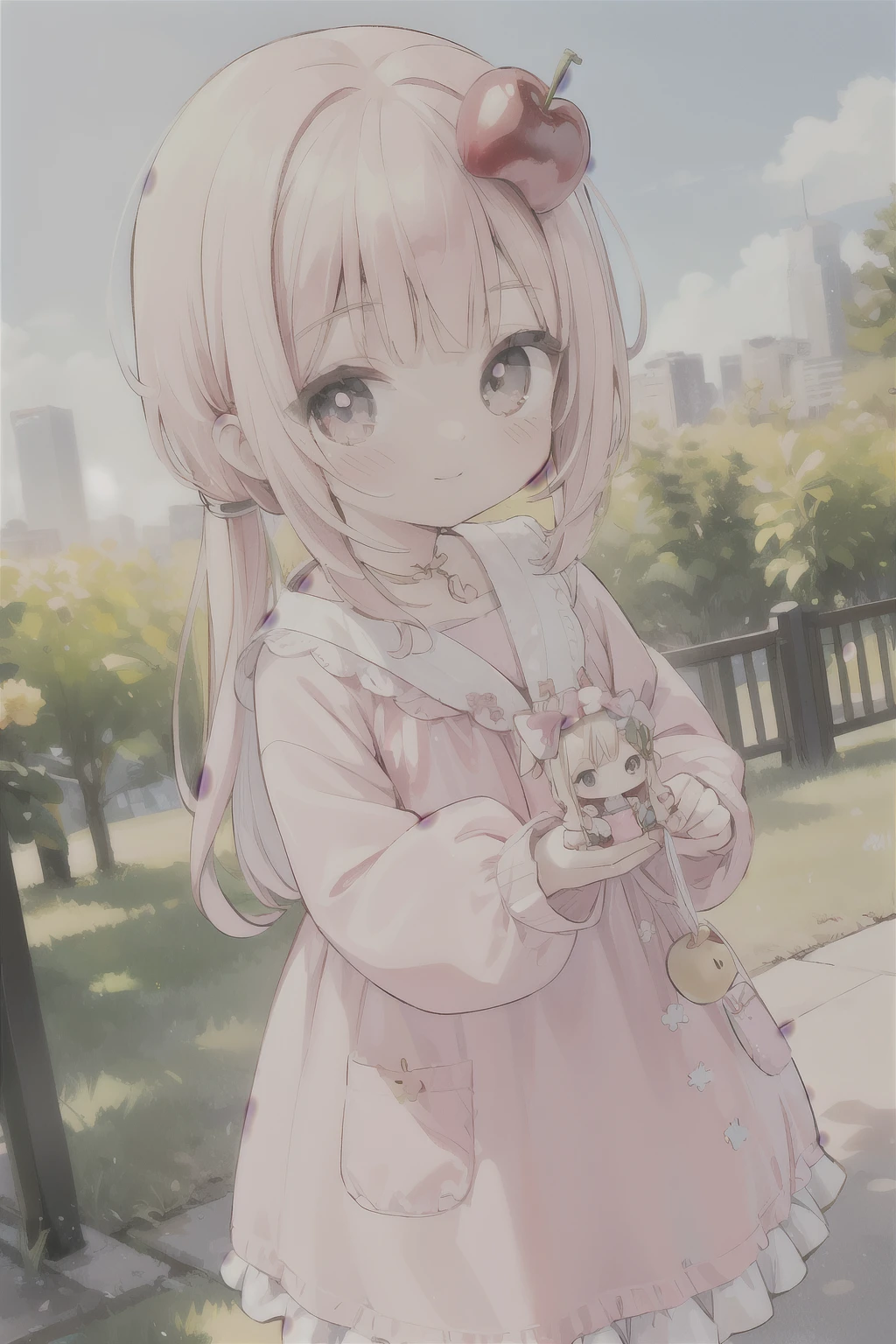 Photorealistic、Chibi Girl Doll(Apple-themed clothing、Have a magic wand、smile)