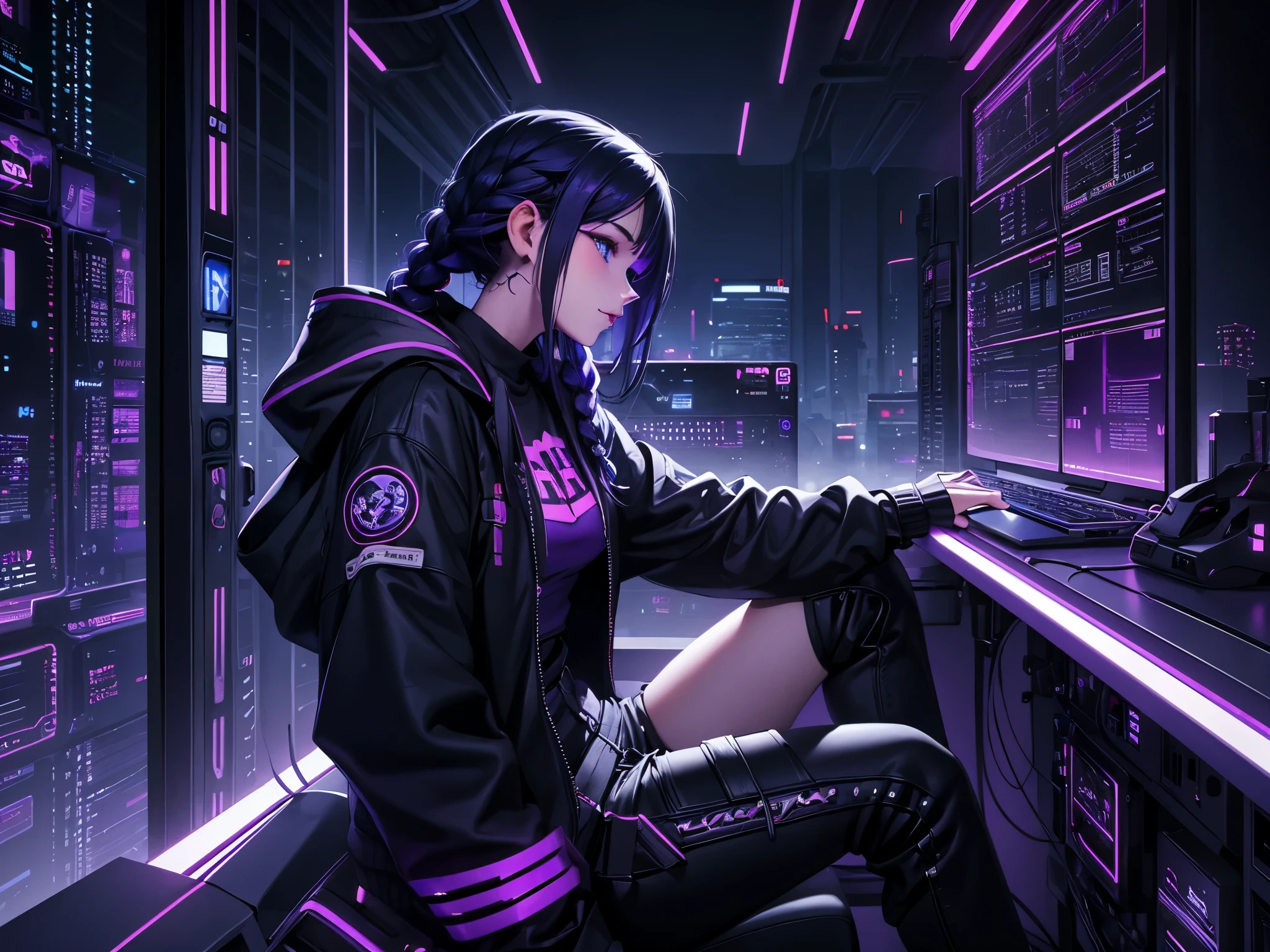 Very young girl, black mask, White skin, The code on, Hacker style, curve,sit on it、View from the side、deep purple, dark, braids, dark blue hair, cable, vintage, cyberpunk, Data center background, deep purple theme, night city