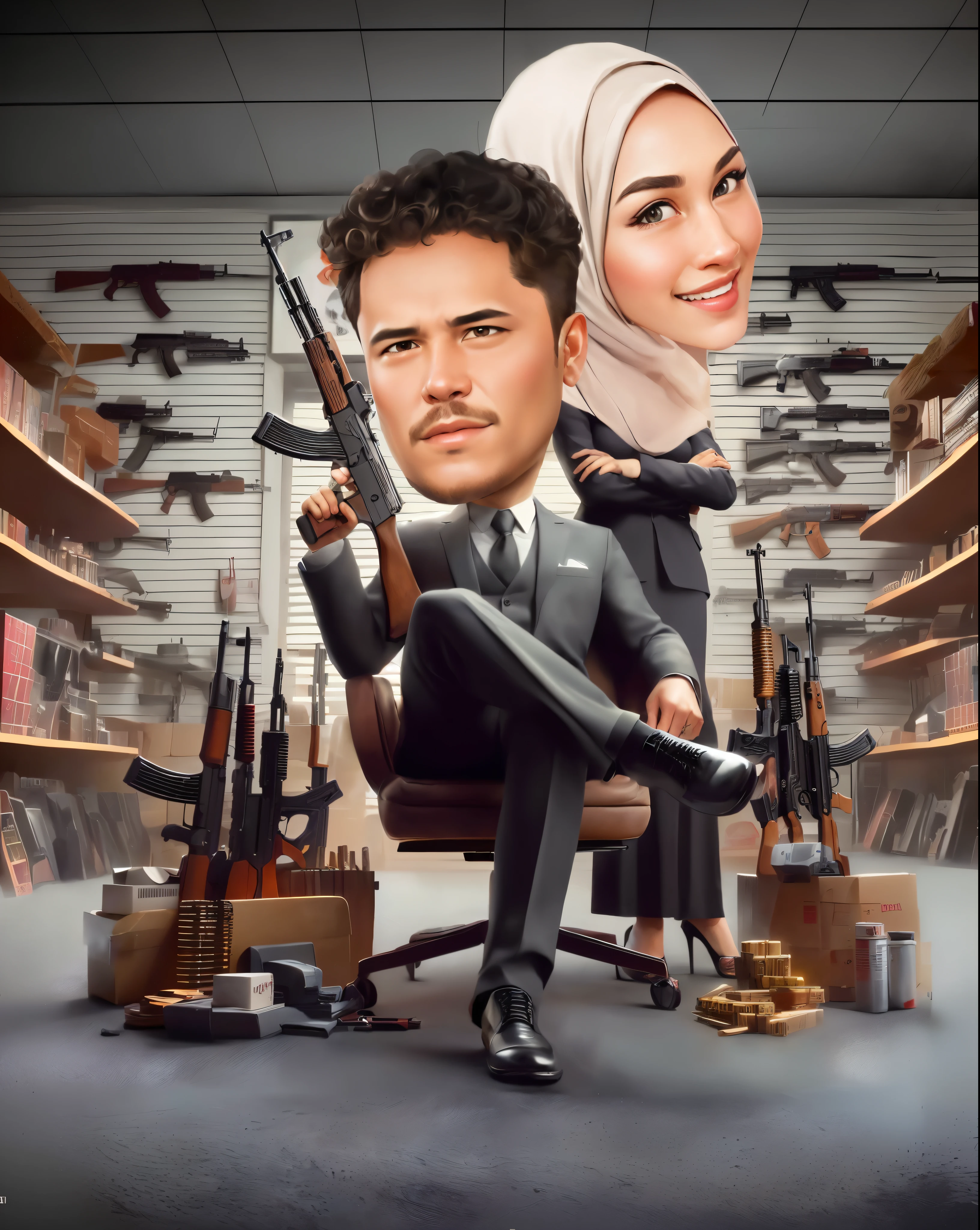 cartoon of A man with curly hair,and woman Wearing the hijab sitting in a chair with guns, by Abidin Dino, caricature illustration, in cartoon style, official illustration, inspired by Rudy Siswanto, realistic cartoon, by Eddie Mendoza, official fanart, caricature style, official poster, cartoon style illustration, armed and dangerous, by Daryush Shokof, movie artwork, caricature, armed
