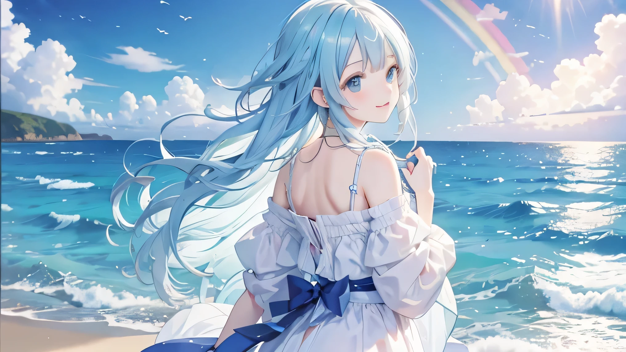 Background is ocean and rainbow、The music score beautifully traces the rainbow。A musical score is displayed in the background.。The girl is smiling