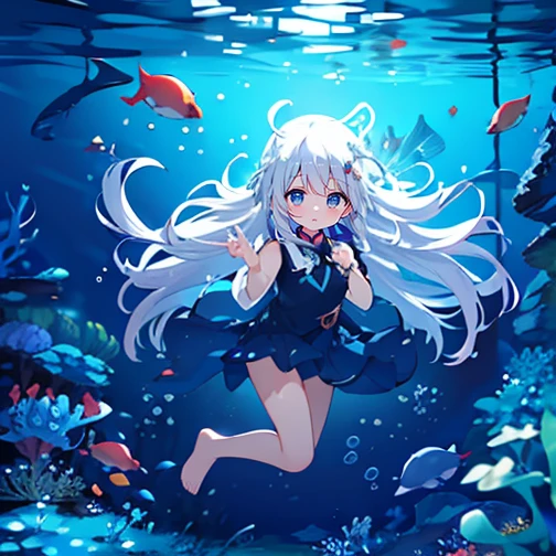 (Peace Fly), (highest quality), Very detailed, 1 girl, Personal full-body photo, Perfect Face, beautiful girl, Very detailed顔，(Long white hair:1.5)，(blue eyes:1.4)，(Flowing Hair:1.4)，(Underwater:1.4)，sink，school fishy，Light，jellyfish，Seaweed，Redfish，fishy，deep sea，Fantasy