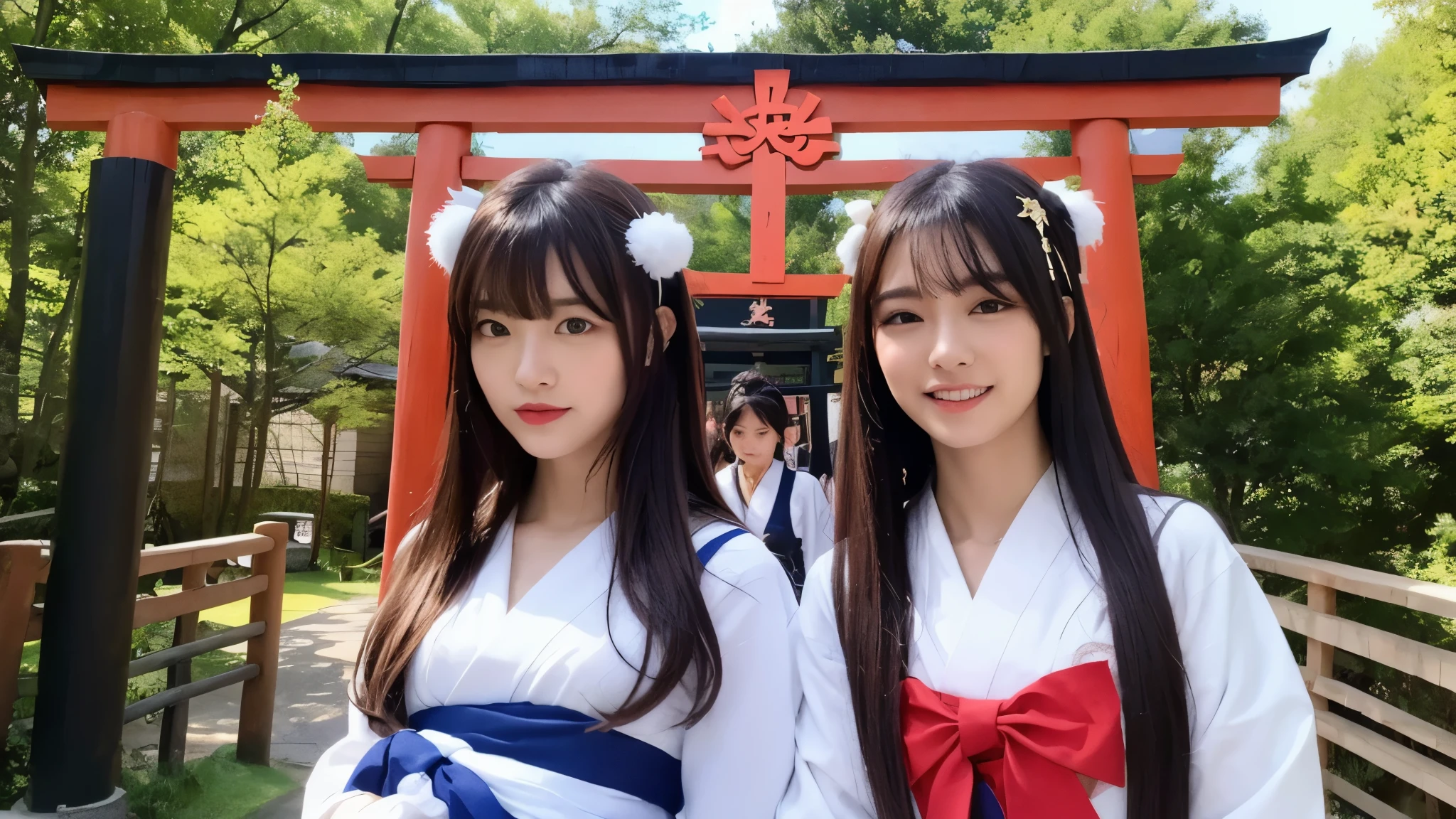 ((Realistic lighting, highest quality, 8k, masterpiece: 1.3)), Clear focus: 1.2, One girl, Perfect beauty: 1.4, Slim Abs: 1.1, ((Dark brown hair)), (Shrine maiden costume: 1.4), (Outdoor, night: 1.1), nature, Super Fine Face, Fine Eyes, double eyelid,natureあふれる人社,Red Torii Gate,