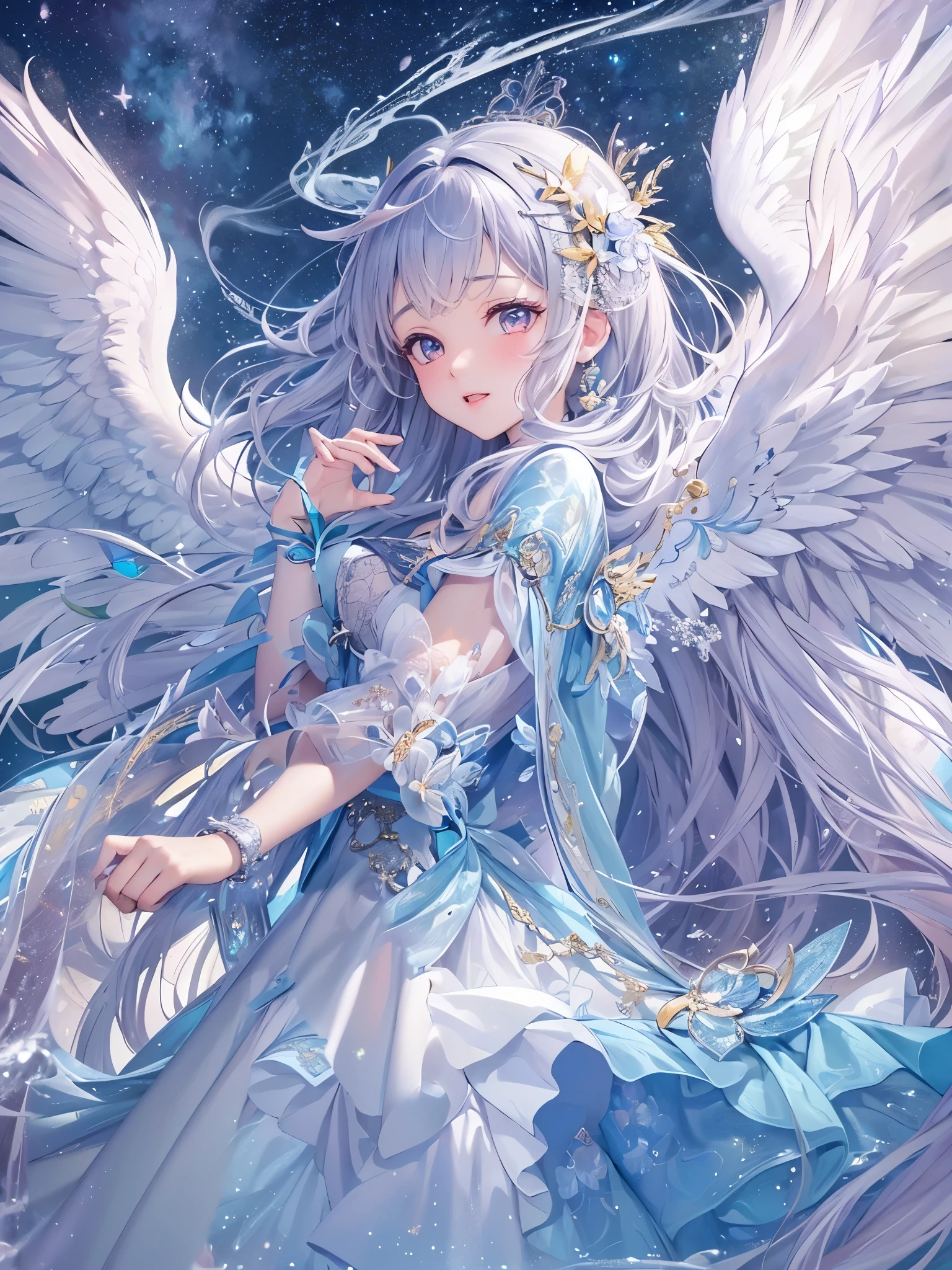 ((highest quality)),(Ultra-high resolution),(Super detailed new),(Detailed Description),((The best CG)),(A masterpiece),Ultra-detailed art,A wonderful new art form,(Art with precise detail:1.5), Sparkling, Angel Wings, Light,
