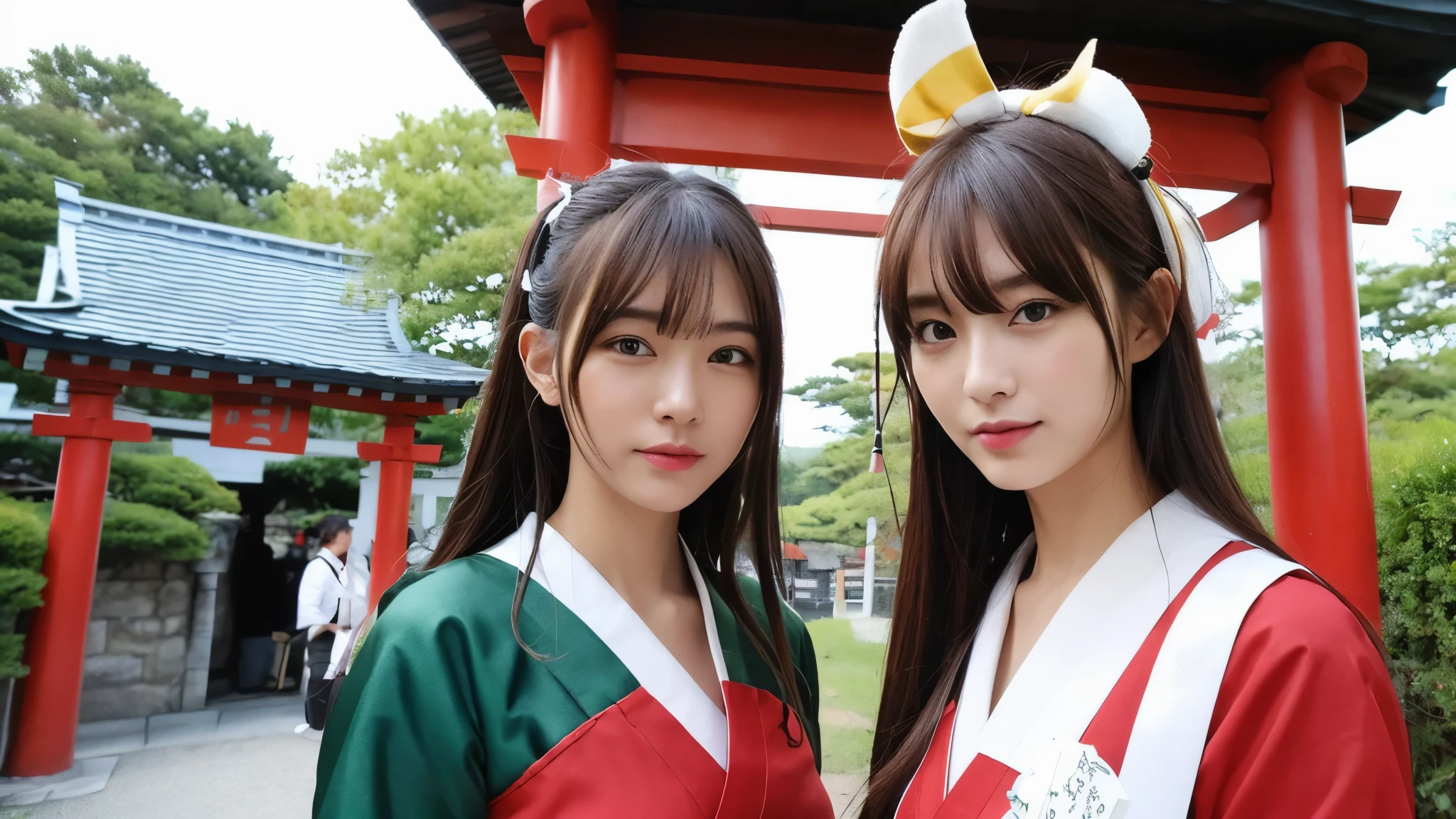 ((Realistic lighting, highest quality, 8k, masterpiece: 1.3)), Clear focus: 1.2, One girl, Perfect beauty: 1.4, Slim Abs: 1.1, ((Dark brown hair)), (Shrine maiden costume: 1.4), (Outdoor, night: 1.1), nature, Super Fine Face, Fine Eyes, double eyelid,natureあふれる人社,Red Torii Gate,