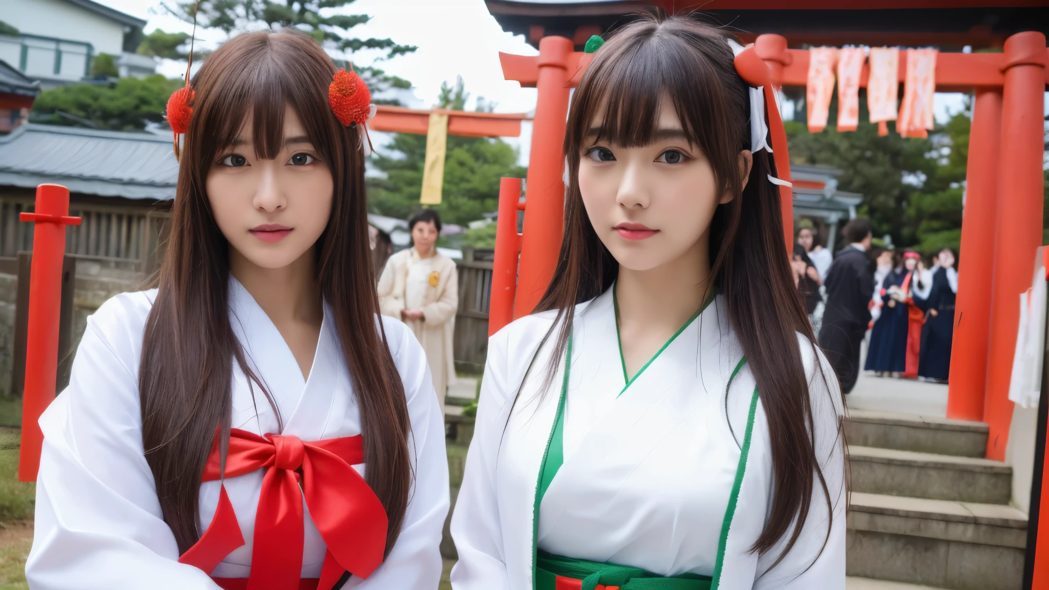 ((Realistic lighting, highest quality, 8k, masterpiece: 1.3)), Clear focus: 1.2, One girl, Perfect beauty: 1.4, Slim Abs: 1.1, ((Dark brown hair)), (Shrine maiden costume: 1.4), (Outdoor, night: 1.1), shrine, Super Fine Face, Fine Eyes, double eyelid,A natural place full of people,Red Torii Gate,