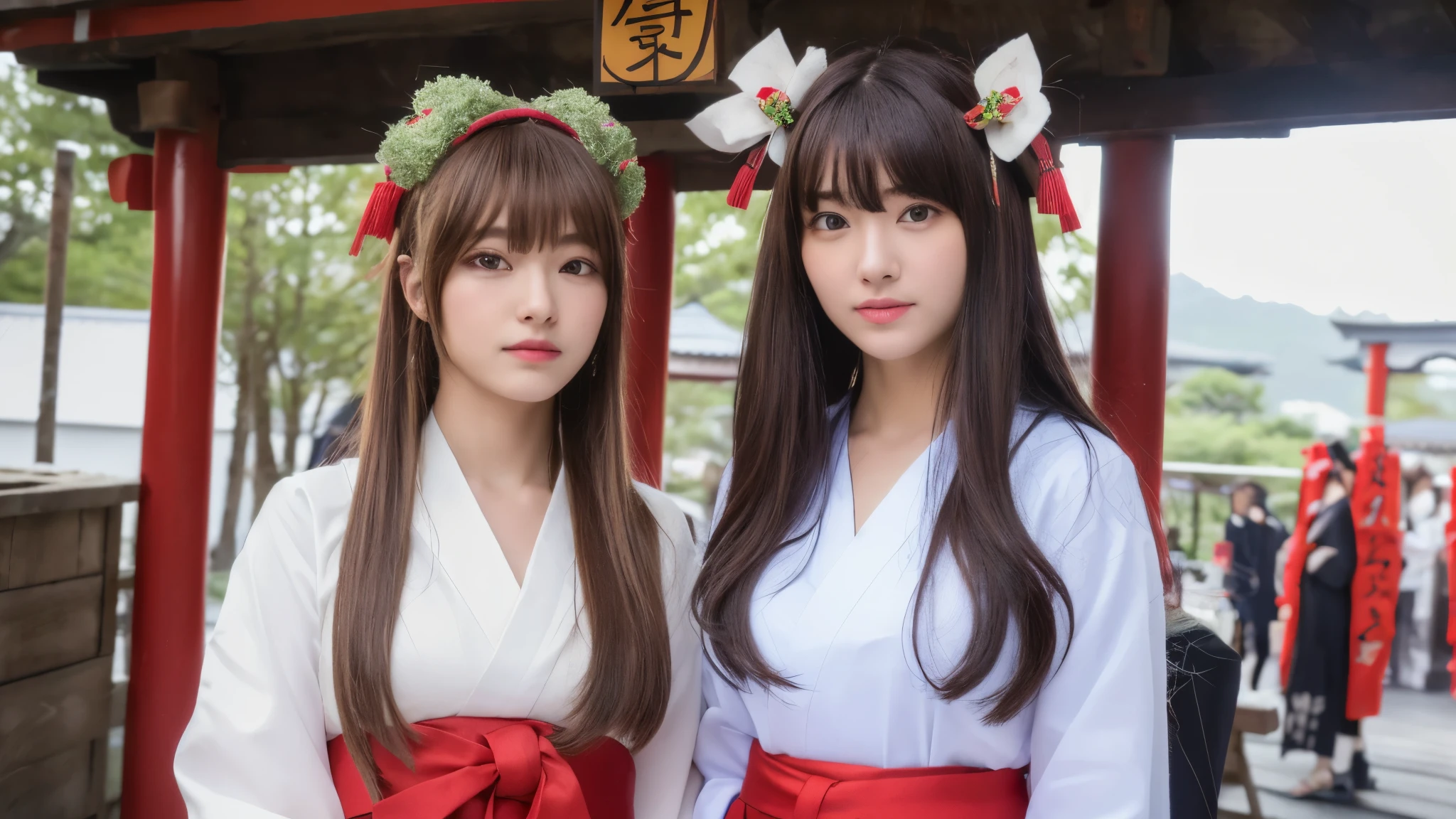 ((Realistic lighting, highest quality, 8k, masterpiece: 1.3)), Clear focus: 1.2, One girl, Perfect beauty: 1.4, Slim Abs: 1.1, ((Dark brown hair)), (Shrine maiden costume: 1.4), (Outdoor, night: 1.1), shrine, Super Fine Face, Fine Eyes, double eyelid,A natural place full of people,Red Torii Gate,